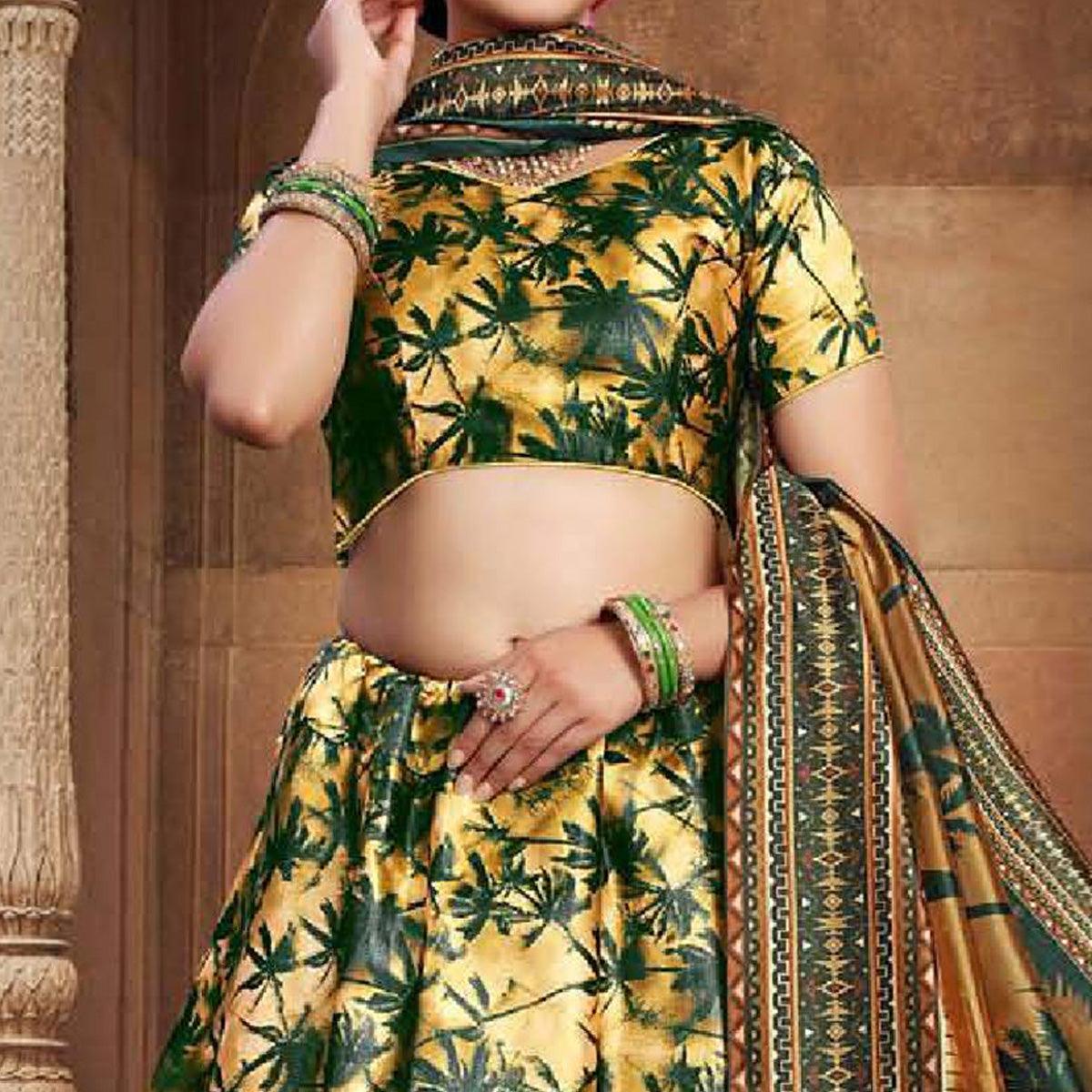 Innovative Yellow - Green Colored Wedding Wear Printed Art Silk Lehenga Choli - Peachmode