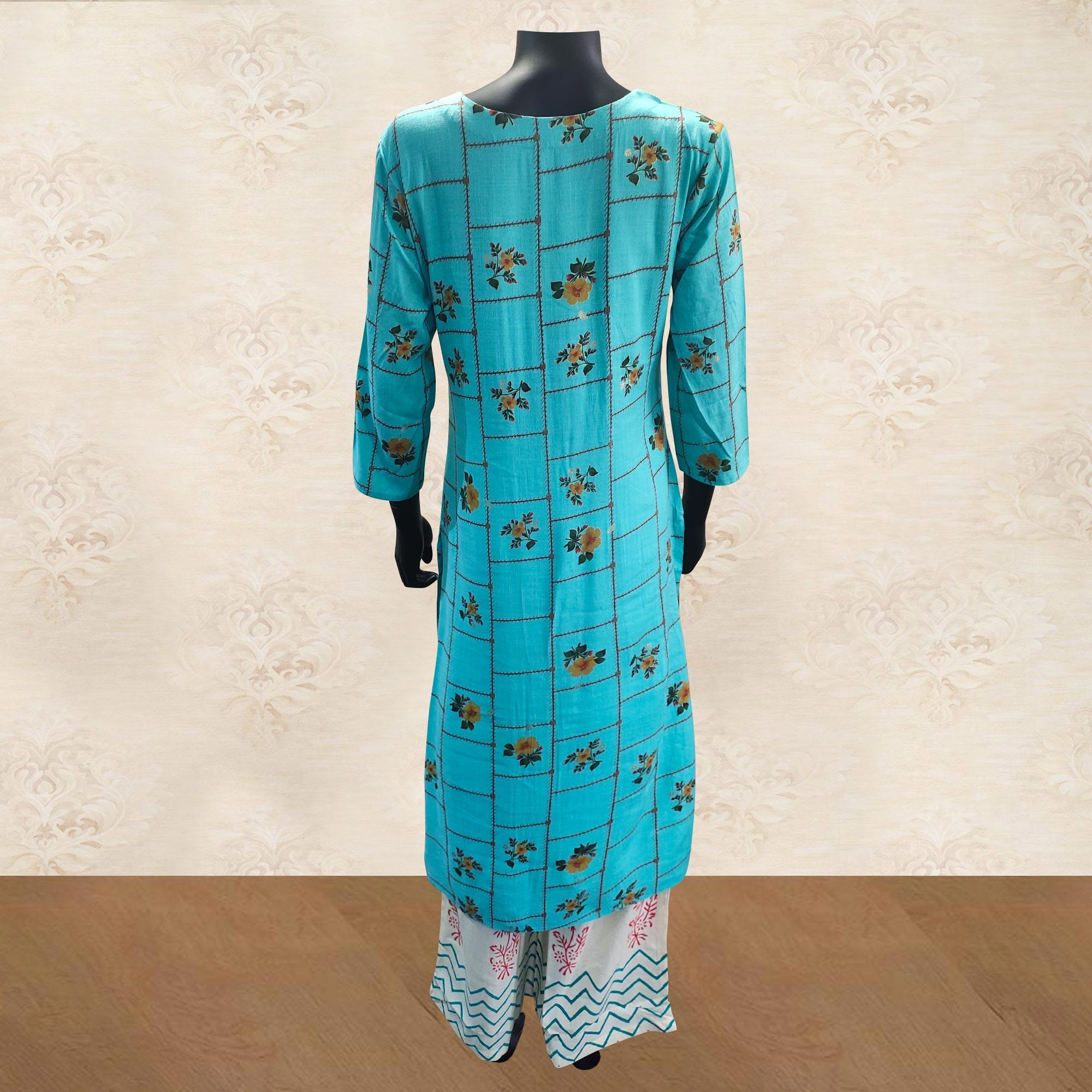 Intricate Aqua Blue Colored Partywear Handwork Cotton Kurti-Palazzo Set With Dupatta - Peachmode