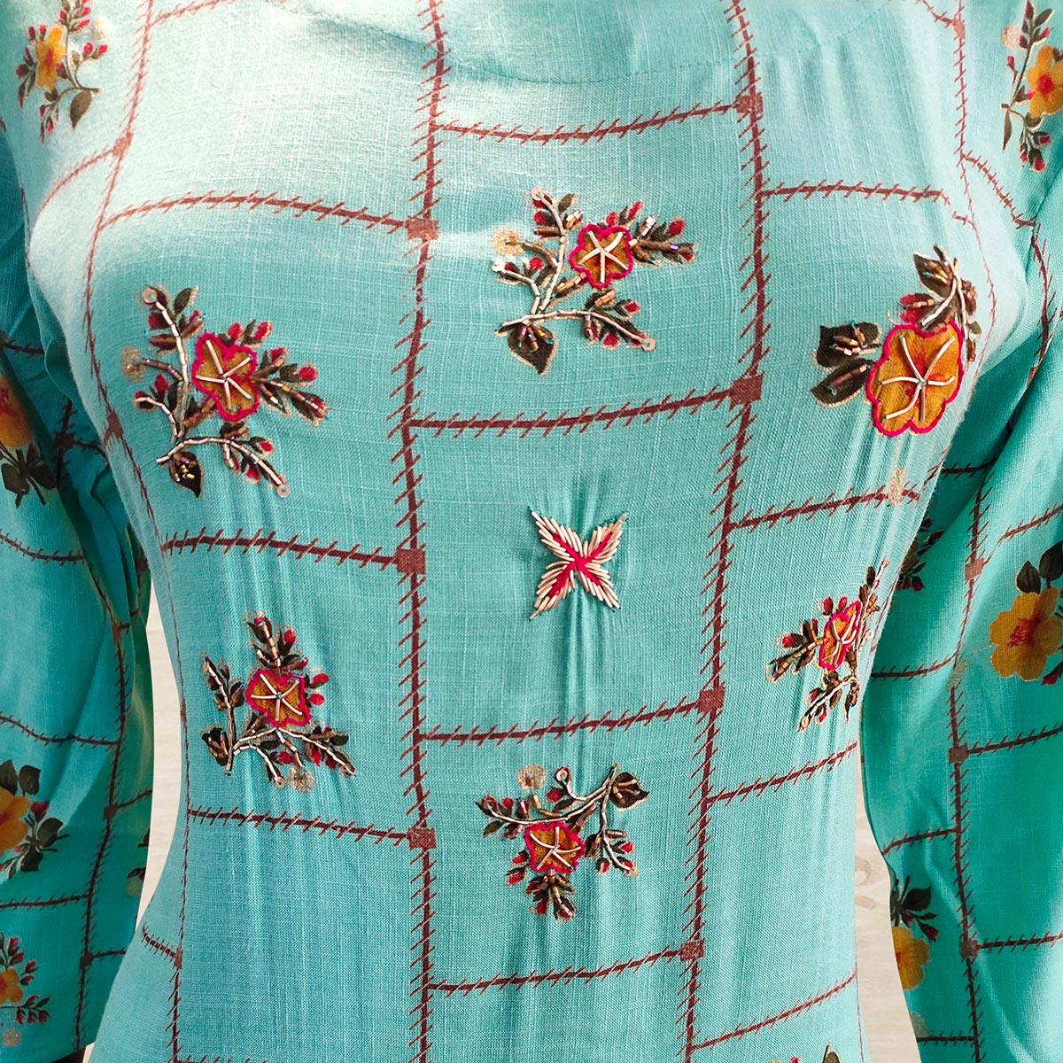 Intricate Aqua Blue Colored Partywear Handwork Cotton Kurti-Palazzo Set With Dupatta - Peachmode