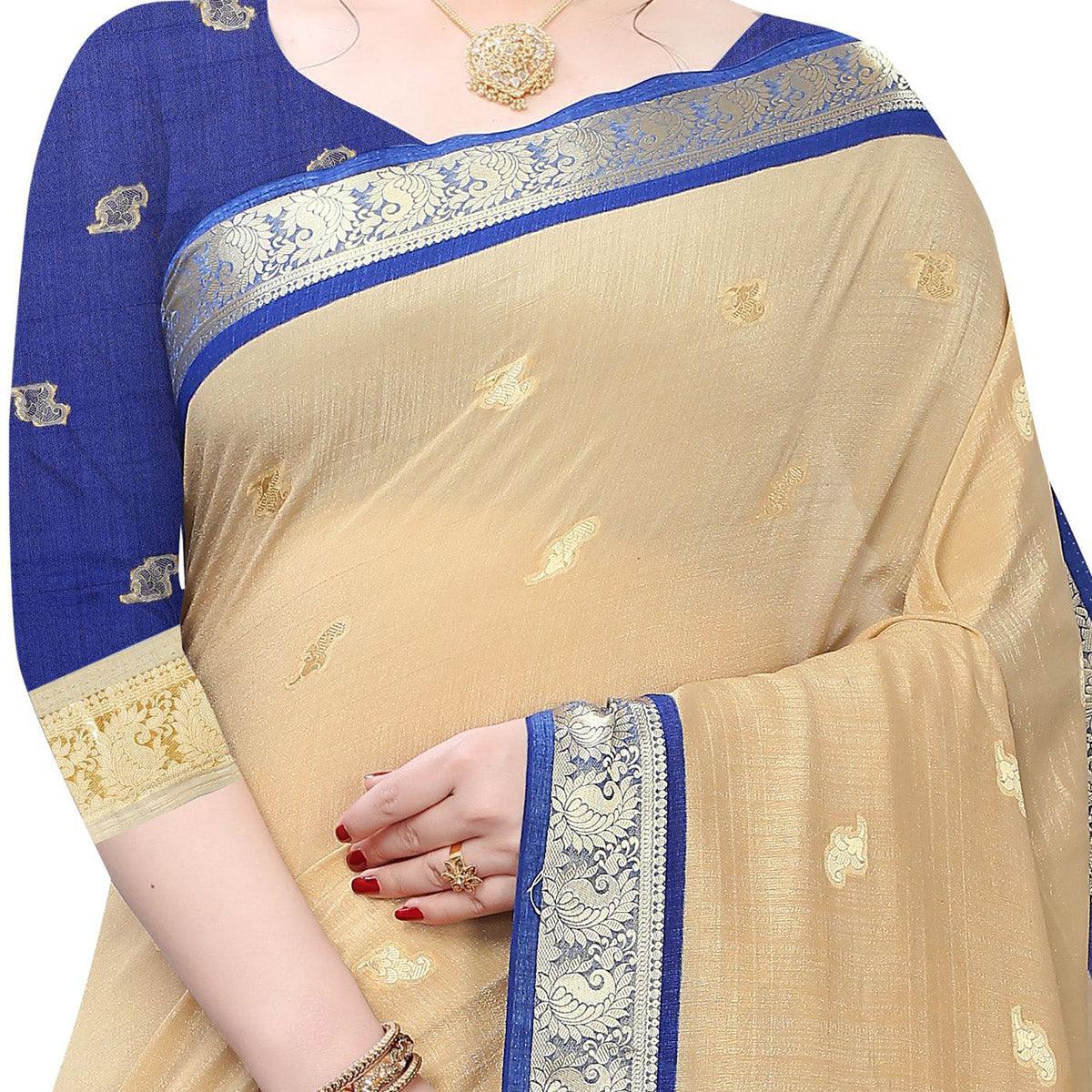 Intricate Beige Colored Festive Wear Woven Vichitra Silk Saree - Peachmode