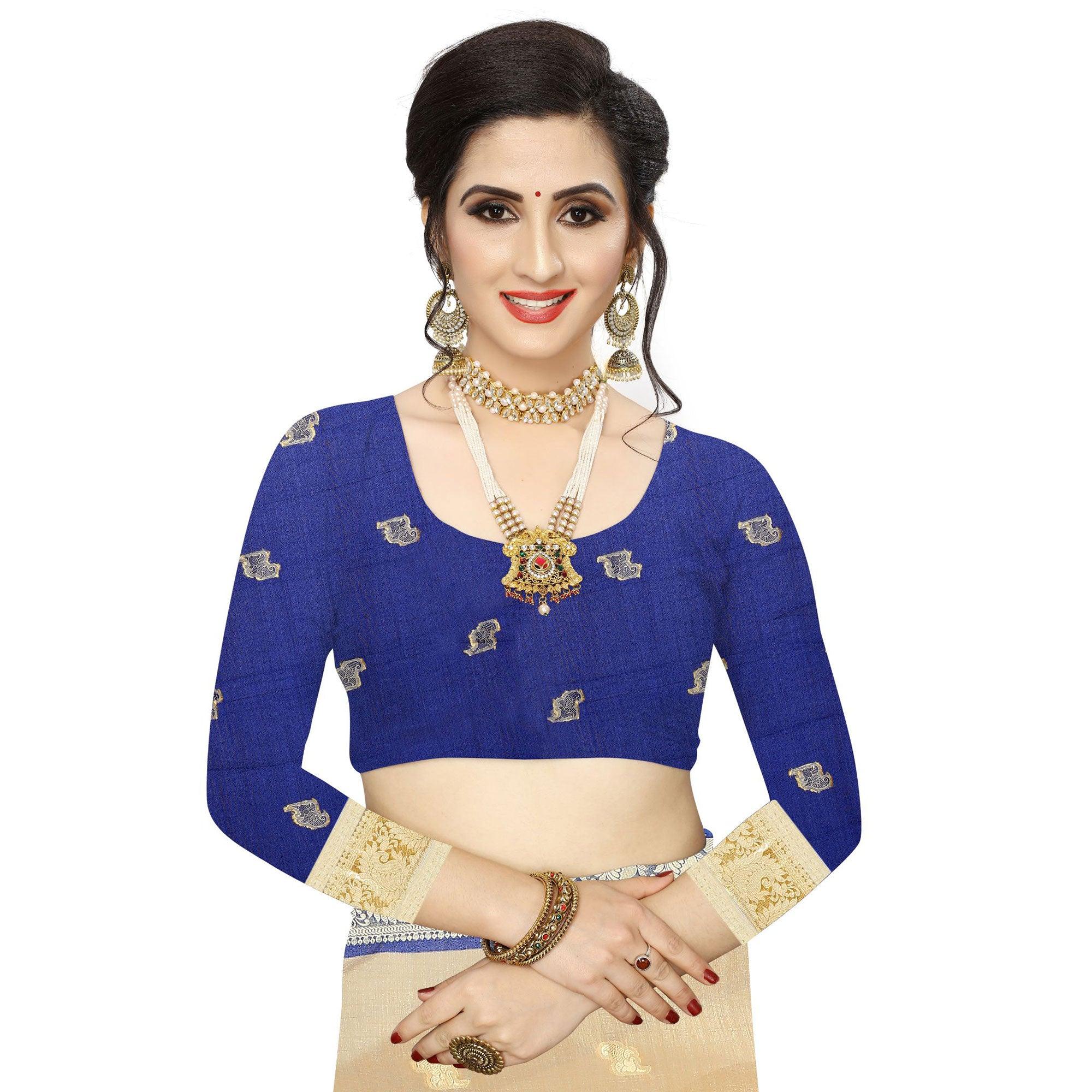 Intricate Beige Colored Festive Wear Woven Vichitra Silk Saree - Peachmode