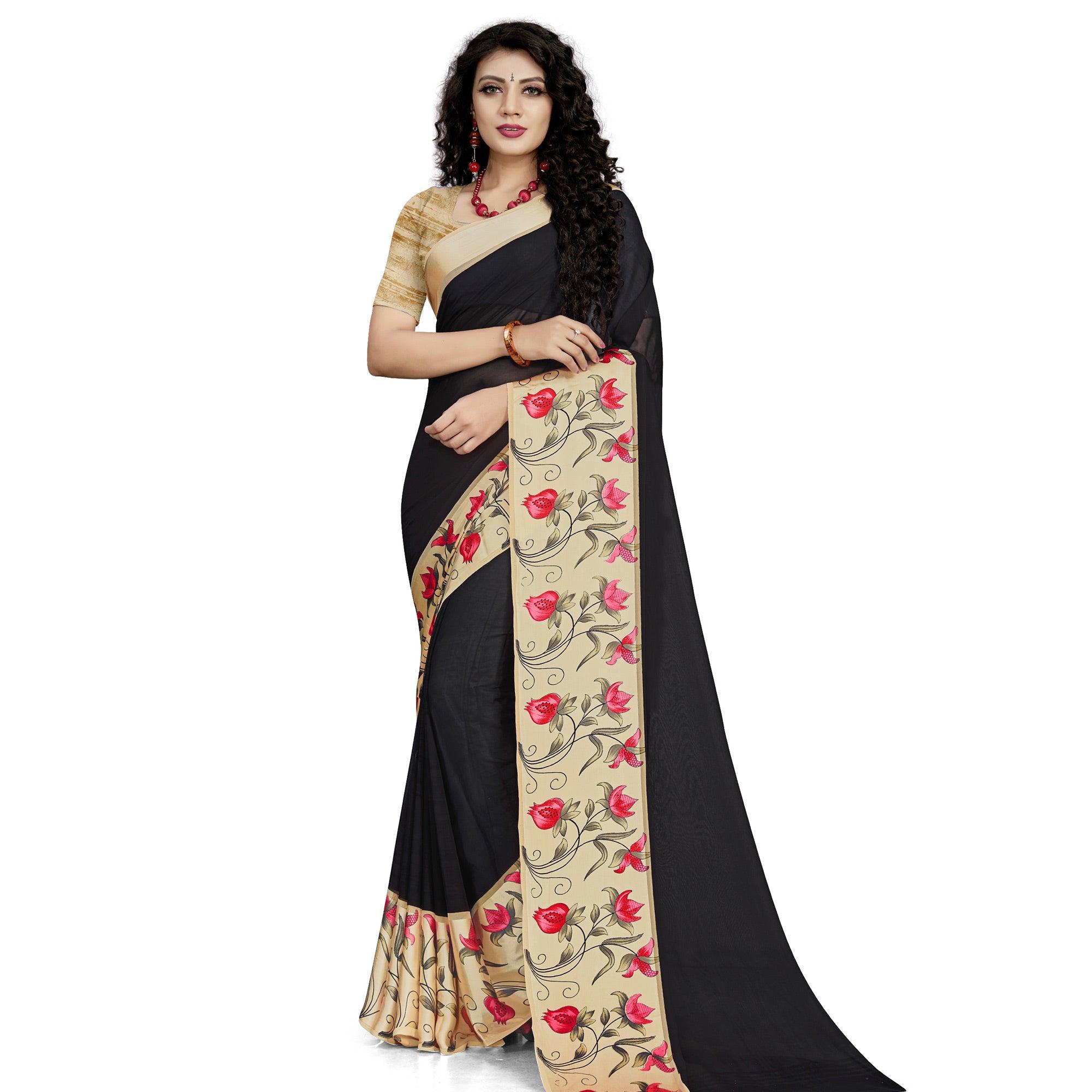 Intricate Black Colored Casual Wear Printed Georgette Saree - Peachmode