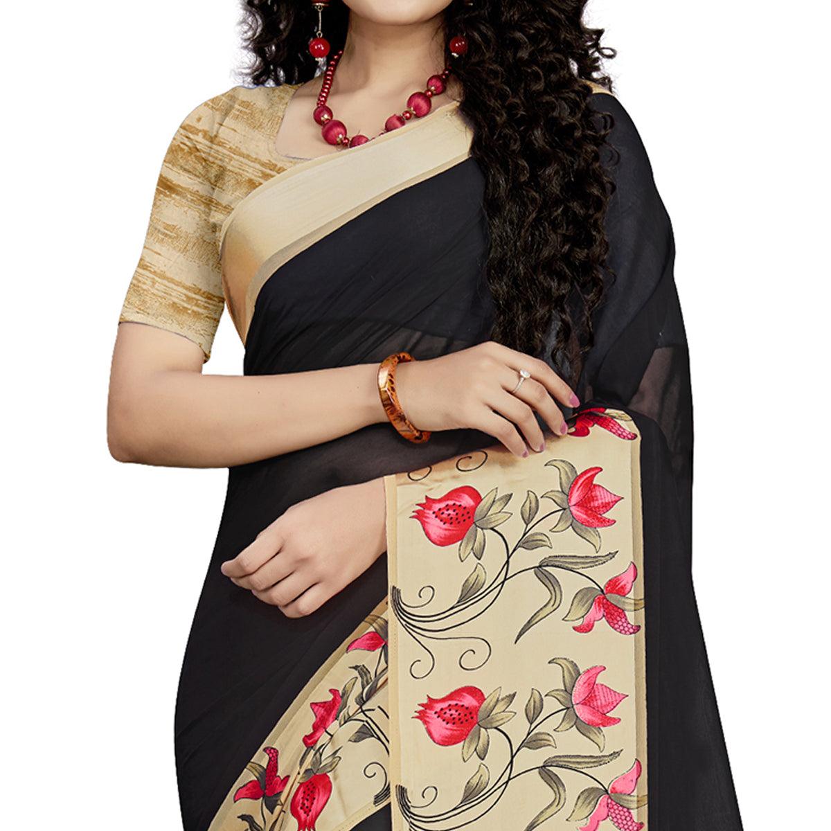 Intricate Black Colored Casual Wear Printed Georgette Saree - Peachmode