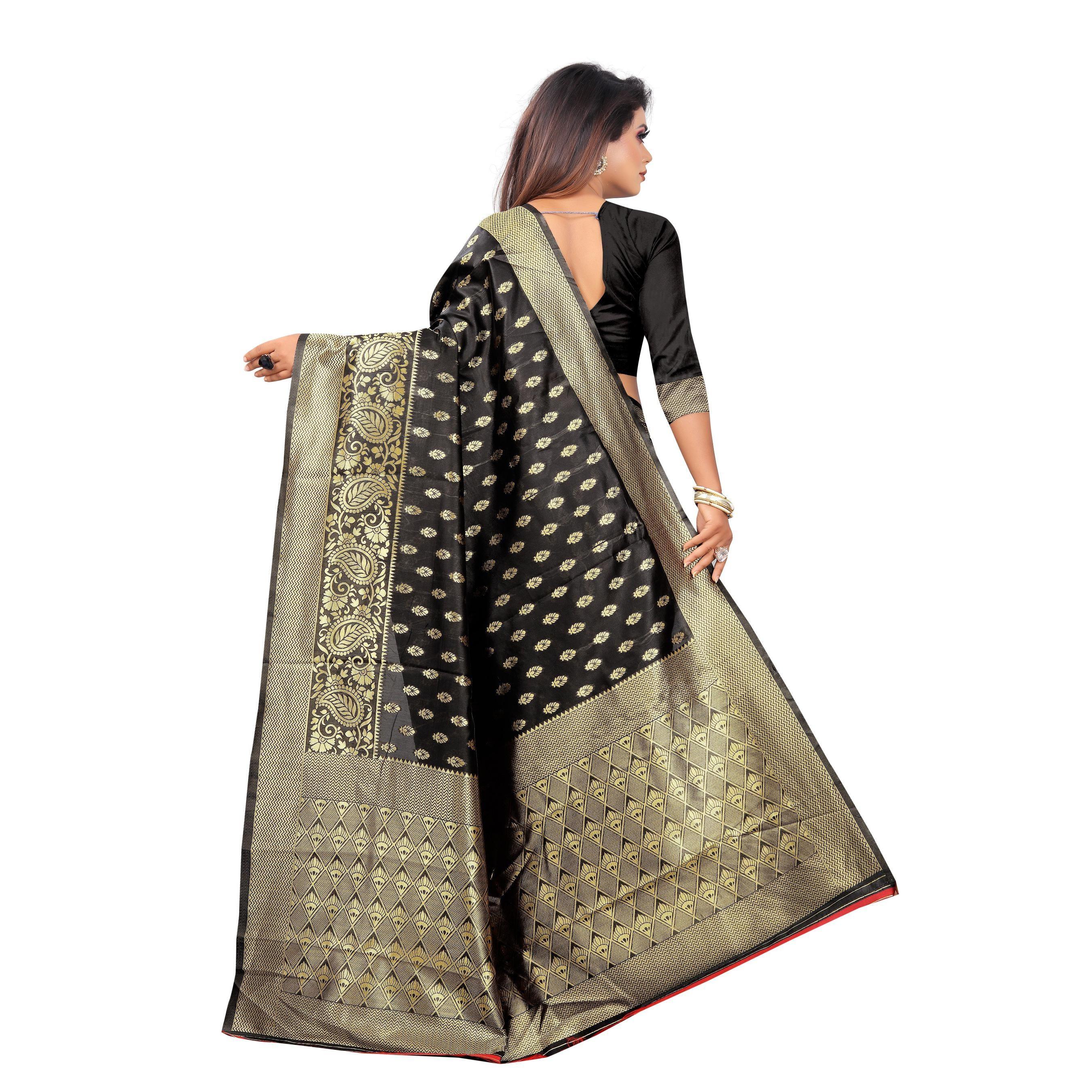 Intricate Black Colored Festive Wear Woven Lichi Silk Saree - Peachmode