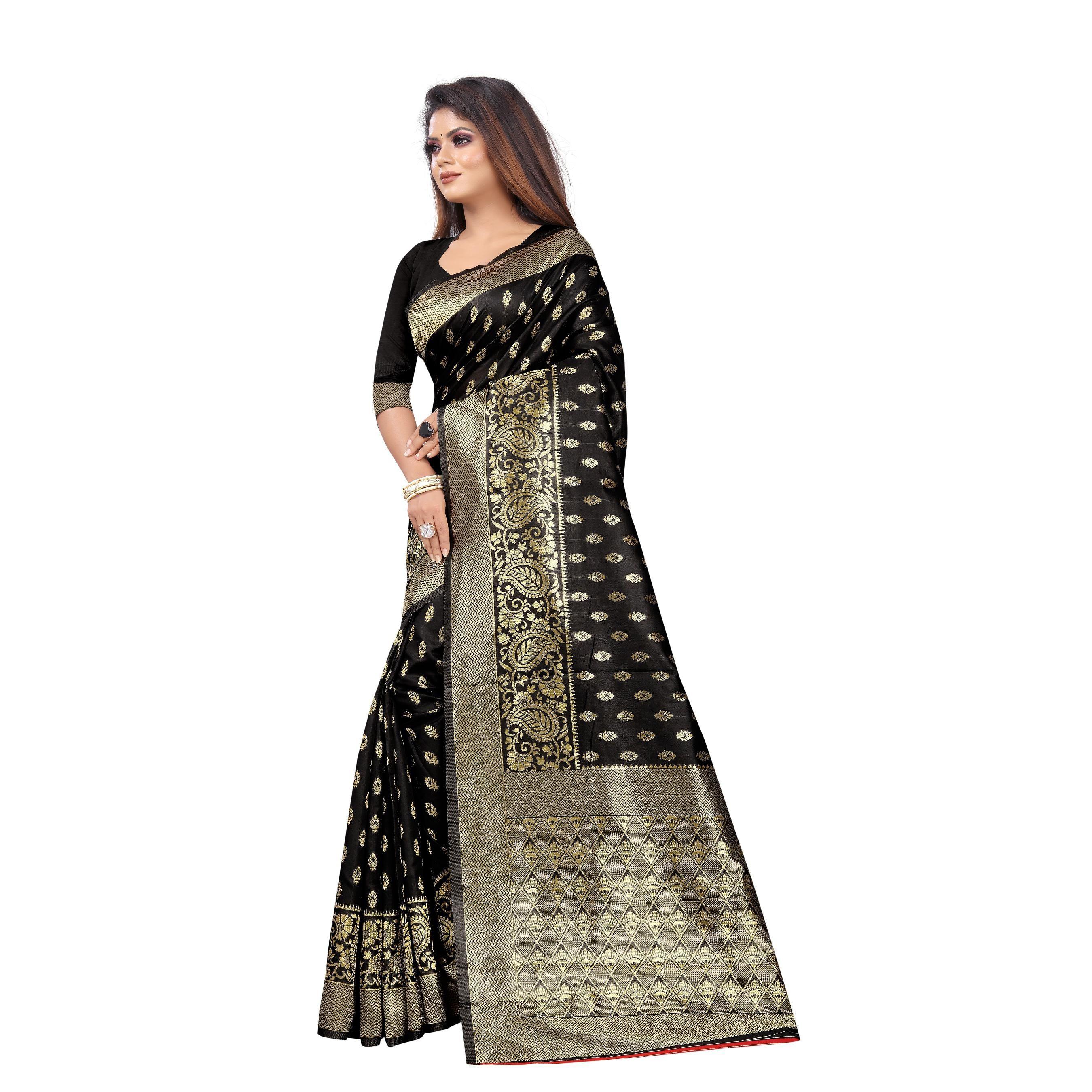 Intricate Black Colored Festive Wear Woven Lichi Silk Saree - Peachmode