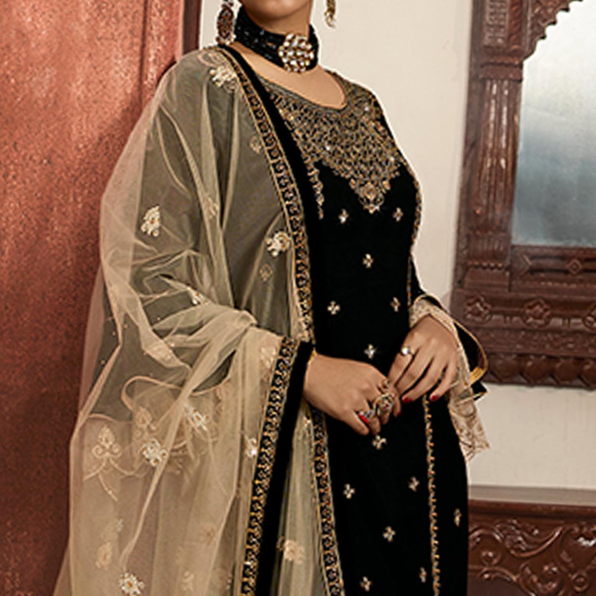 Intricate Black Colored Partywear Embroidered Georgette Dual Bottom Suit - Peachmode