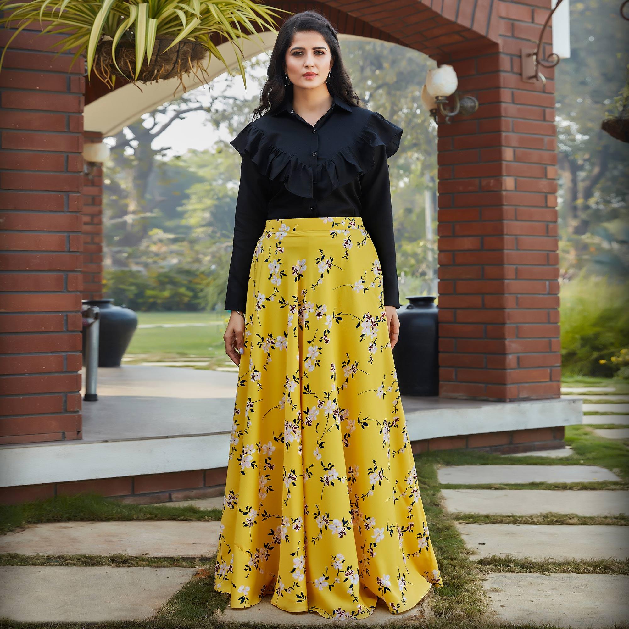 Intricate Black - Yellow Colored Casual Printed Western Crop Top Skirt
