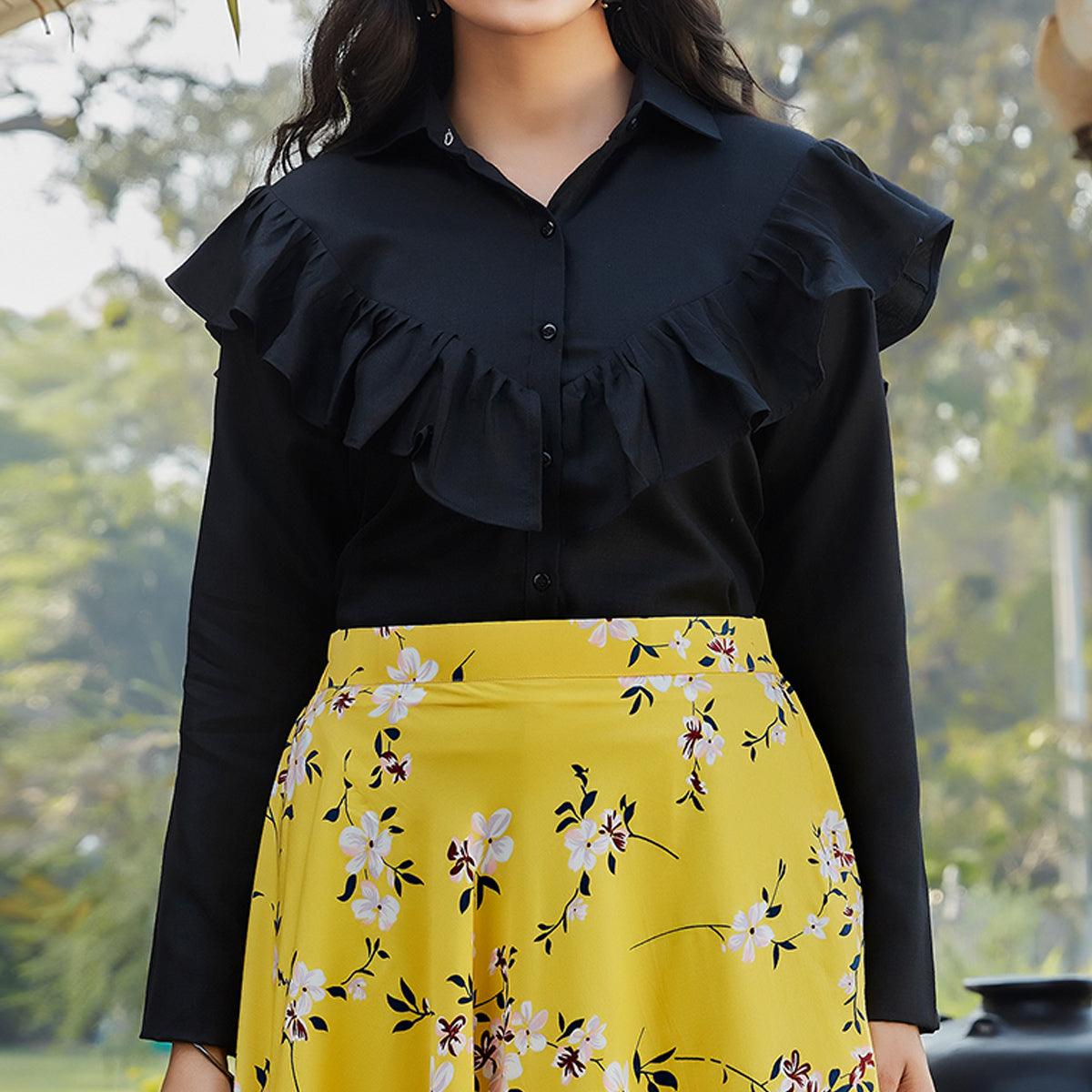 Intricate Black - Yellow Colored Casual Wear Printed Western Crop Top - Skirt Set - Peachmode