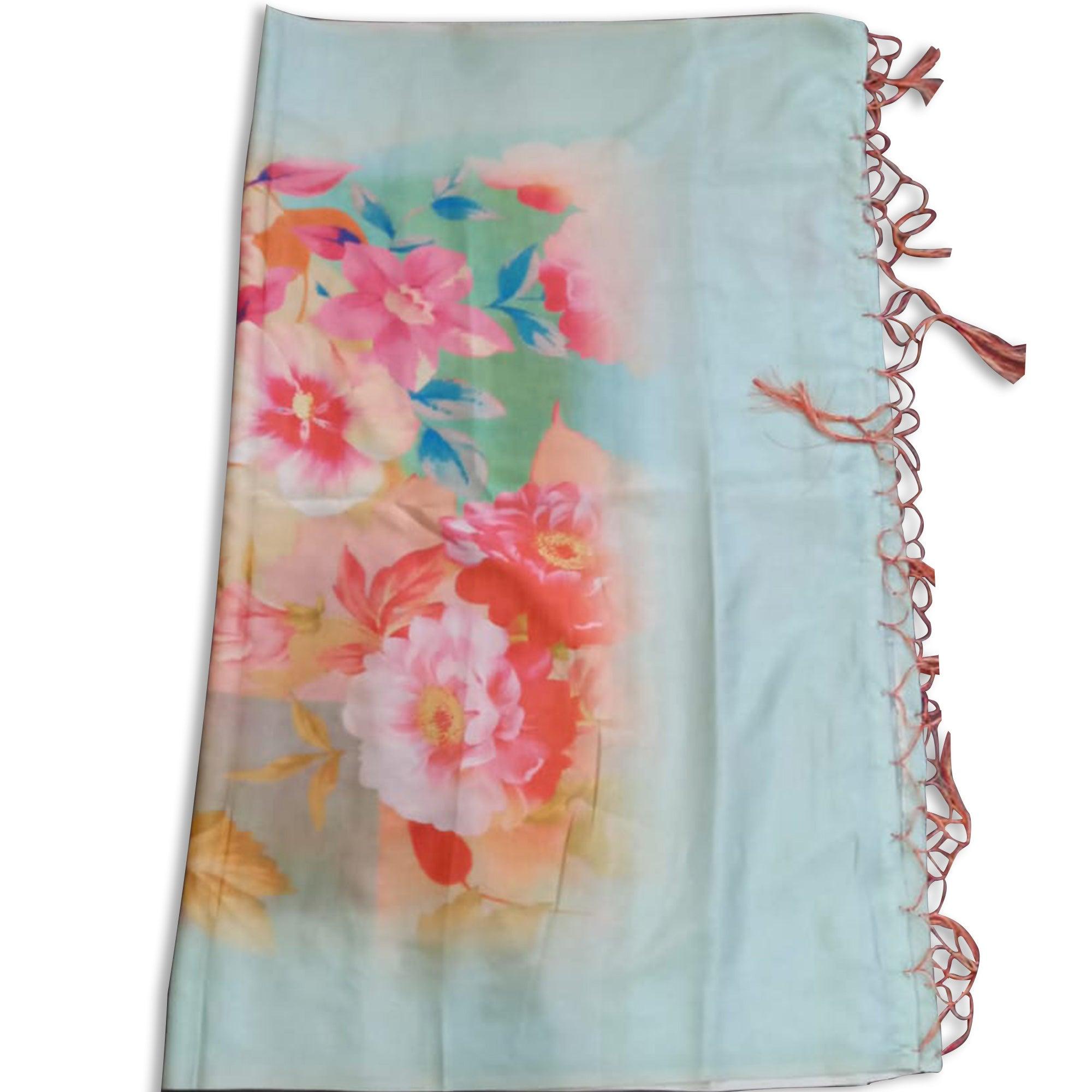 Intricate Blue Colored Casual Wear Floral Digital Printed Tussar Silk Dupatta With Tassels - Peachmode