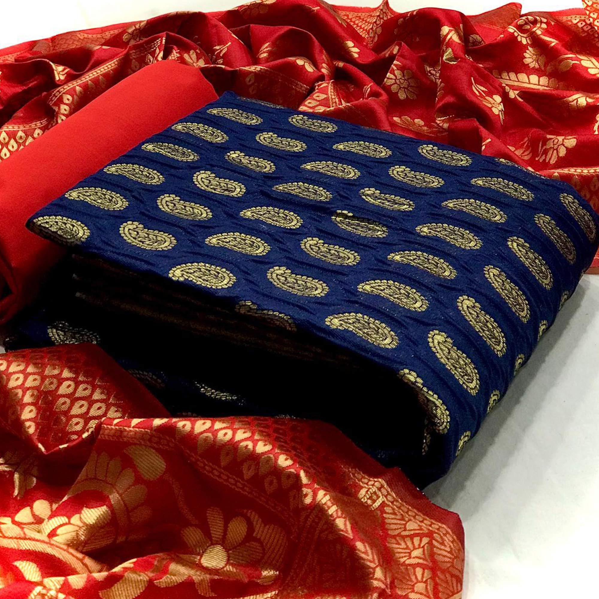 Intricate Blue Colored Casual Wear Woven Banarasi Silk Dress Material - Peachmode