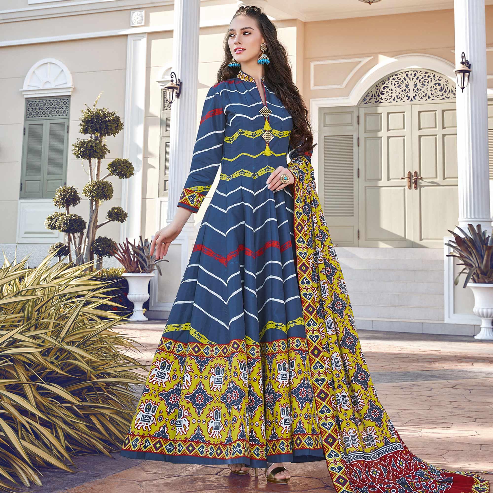 Intricate Blue Colored Partywear Designer Digital Patola Print Killer Silk Anarkali Suit - Peachmode