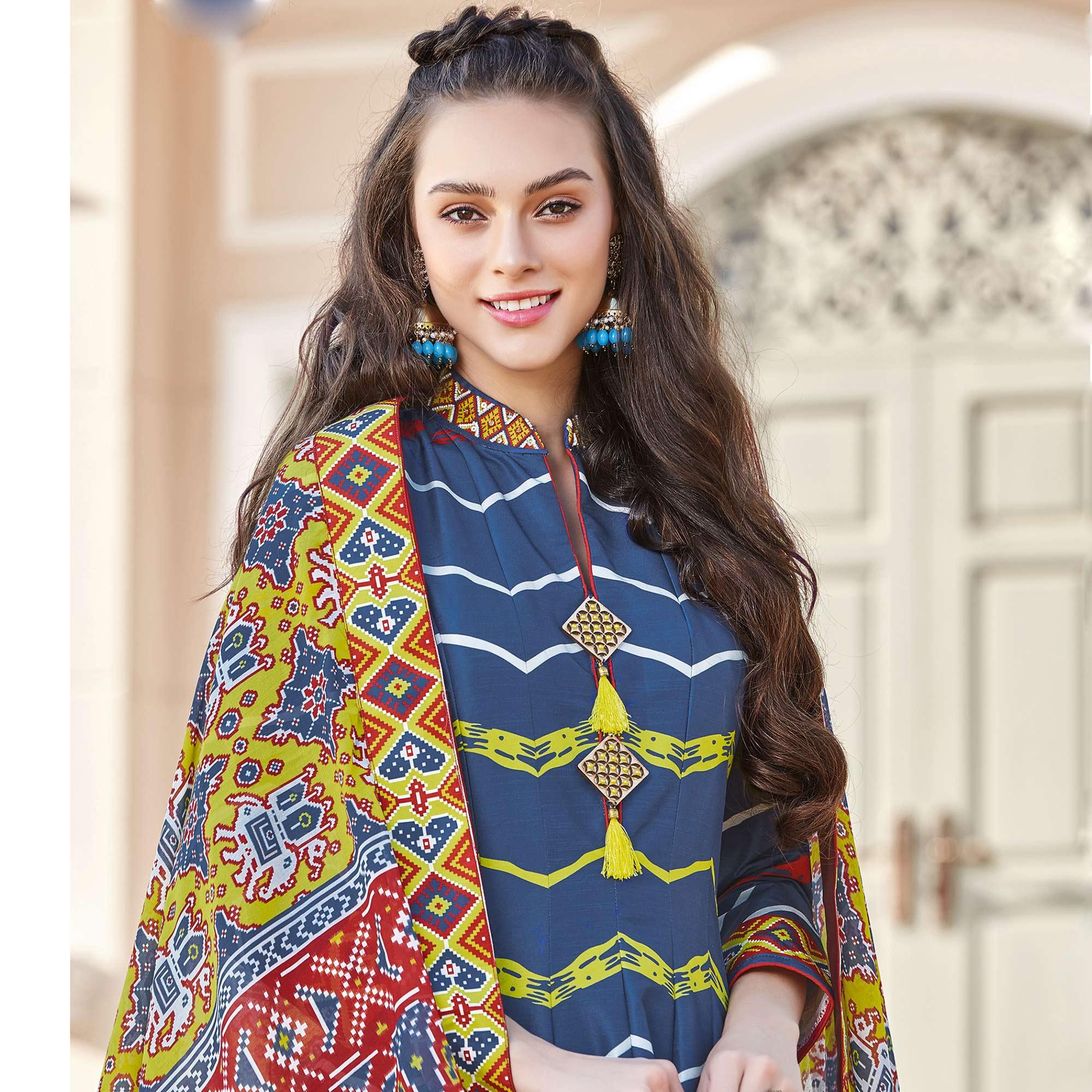 Intricate Blue Colored Partywear Designer Digital Patola Print Killer Silk Anarkali Suit - Peachmode