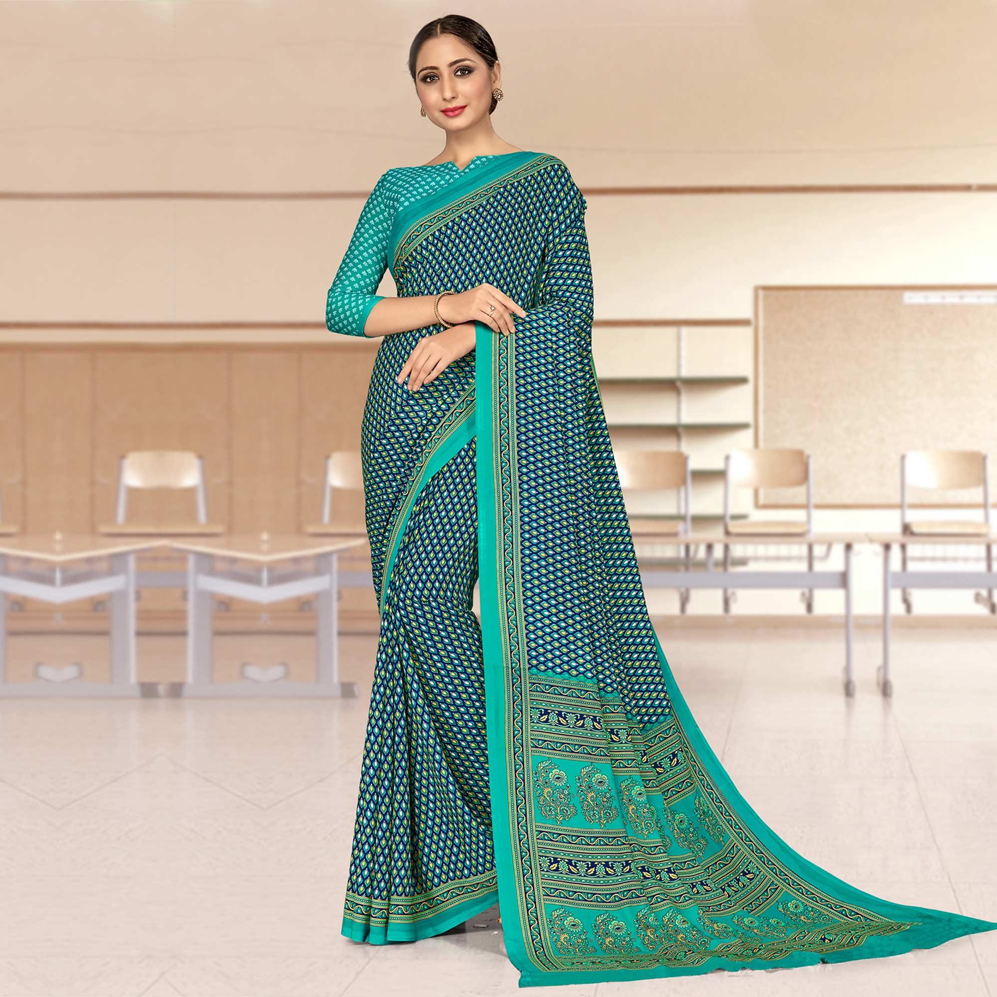 Intricate Blue Coloured Casual Wear Printed Crepe Saree - Peachmode