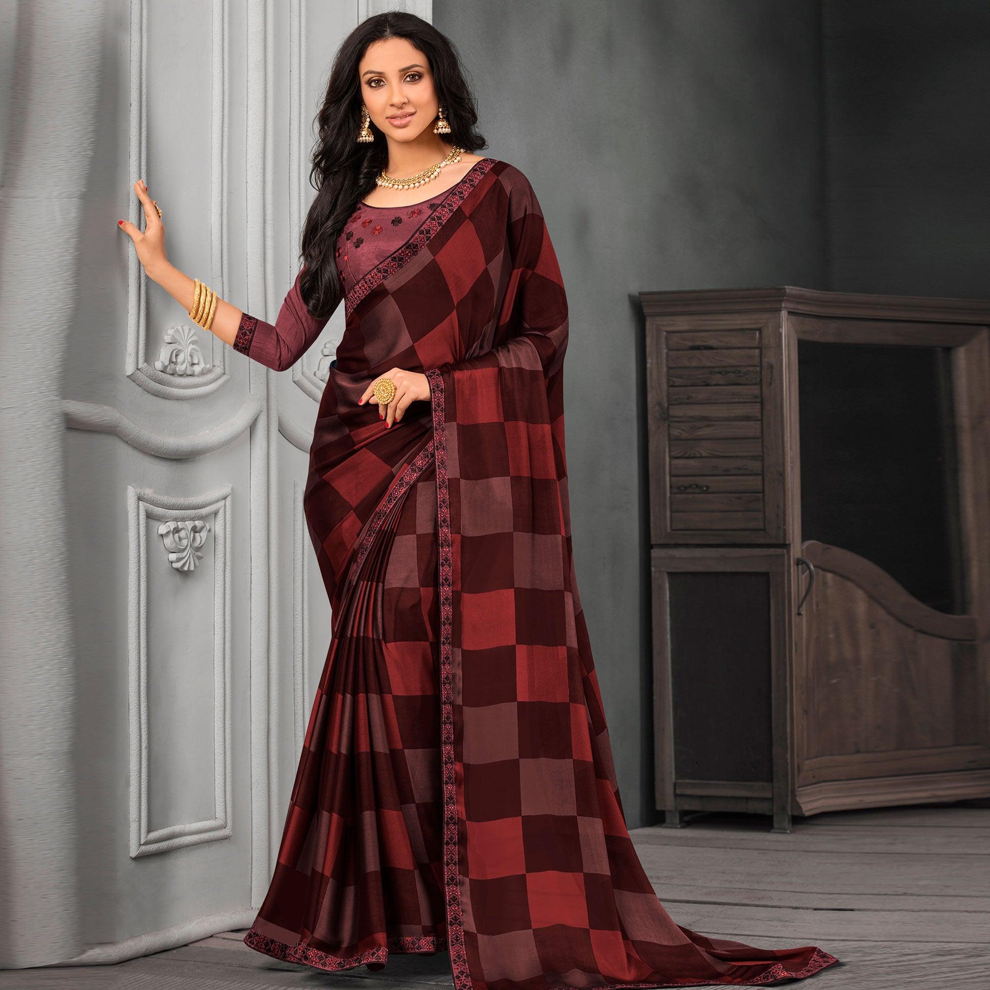 Intricate Brown Colored Partywear Printed Chiffon Saree - Peachmode