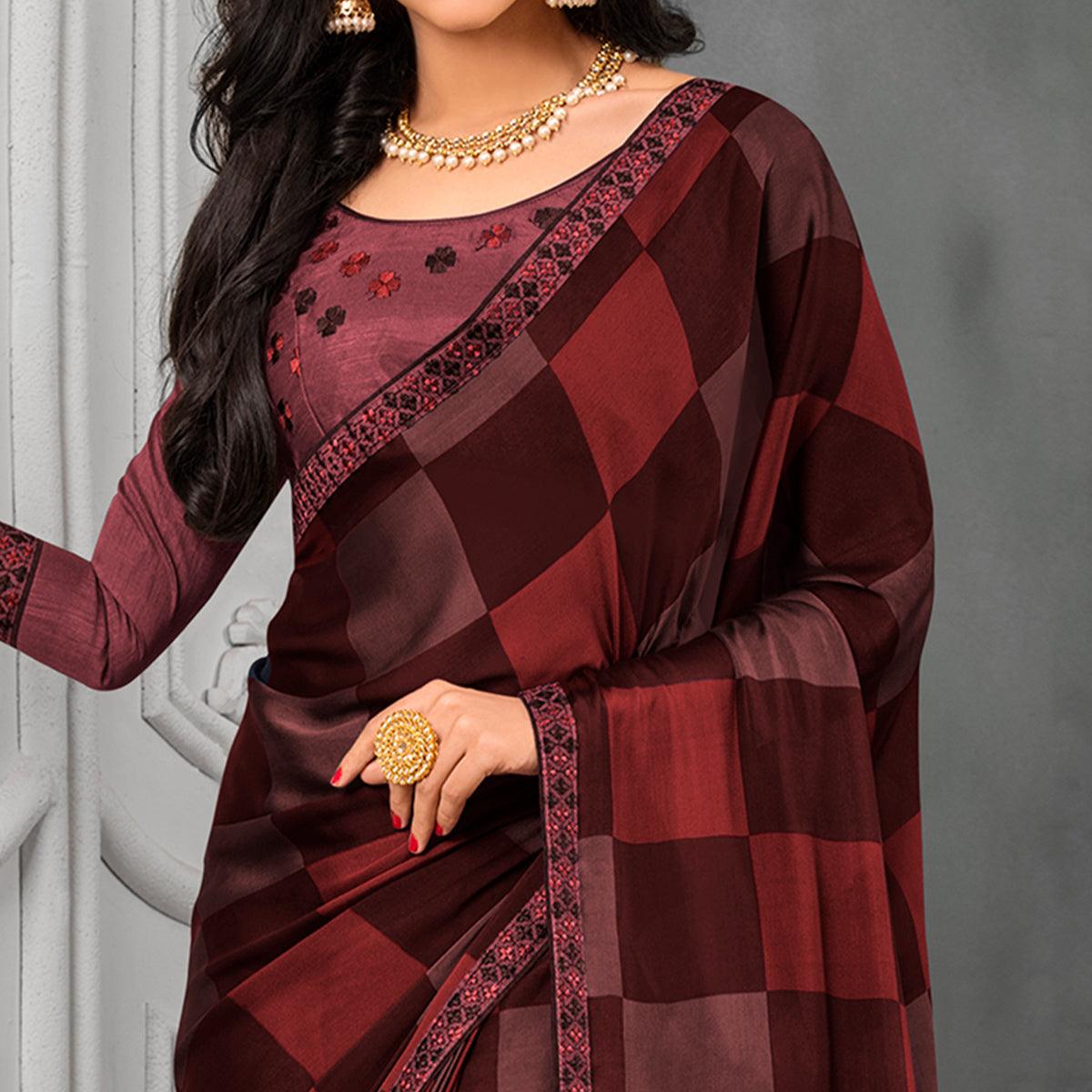 Intricate Brown Colored Partywear Printed Chiffon Saree - Peachmode