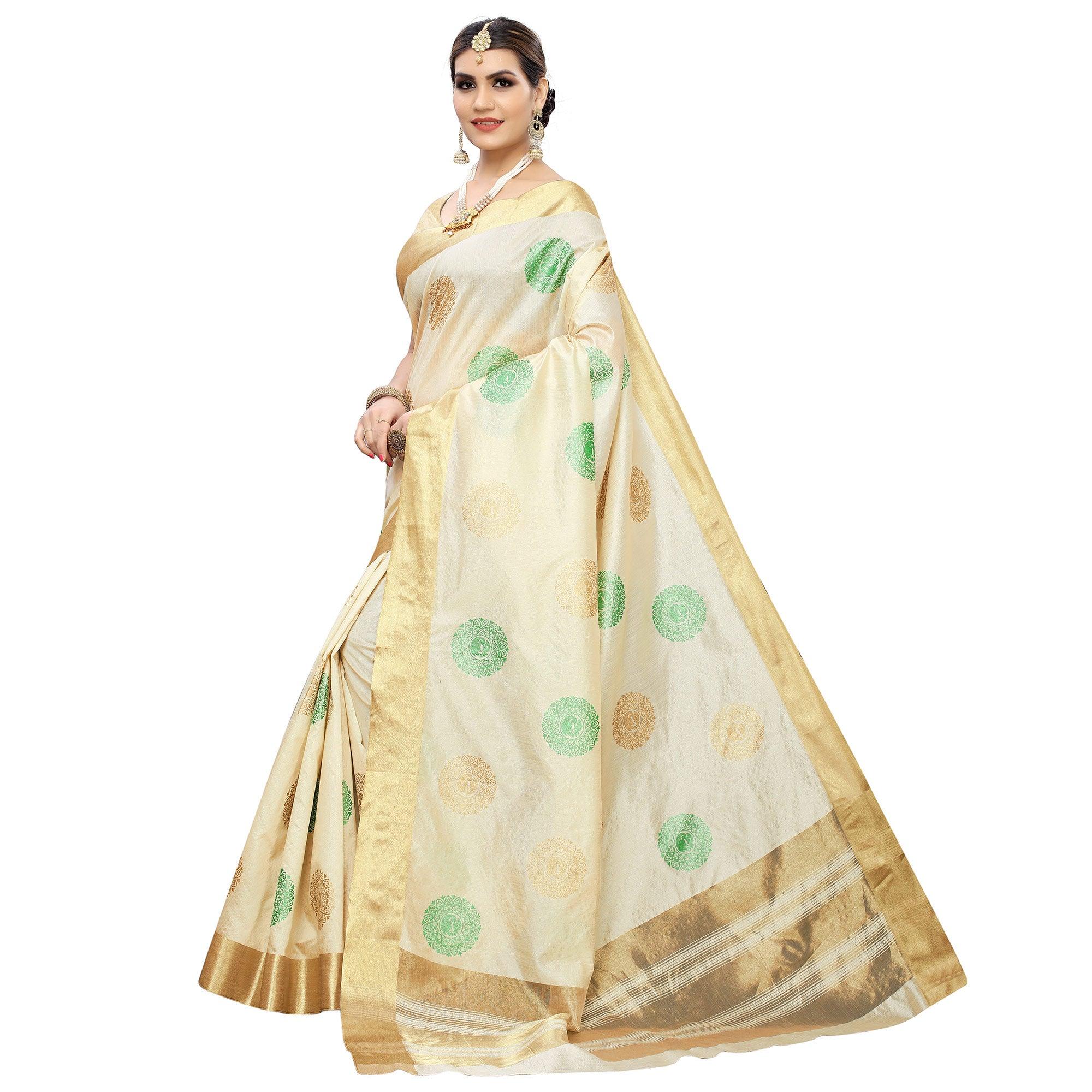 Intricate Cream-Green Colored Festive Wear Woven Cotton Silk Saree - Peachmode
