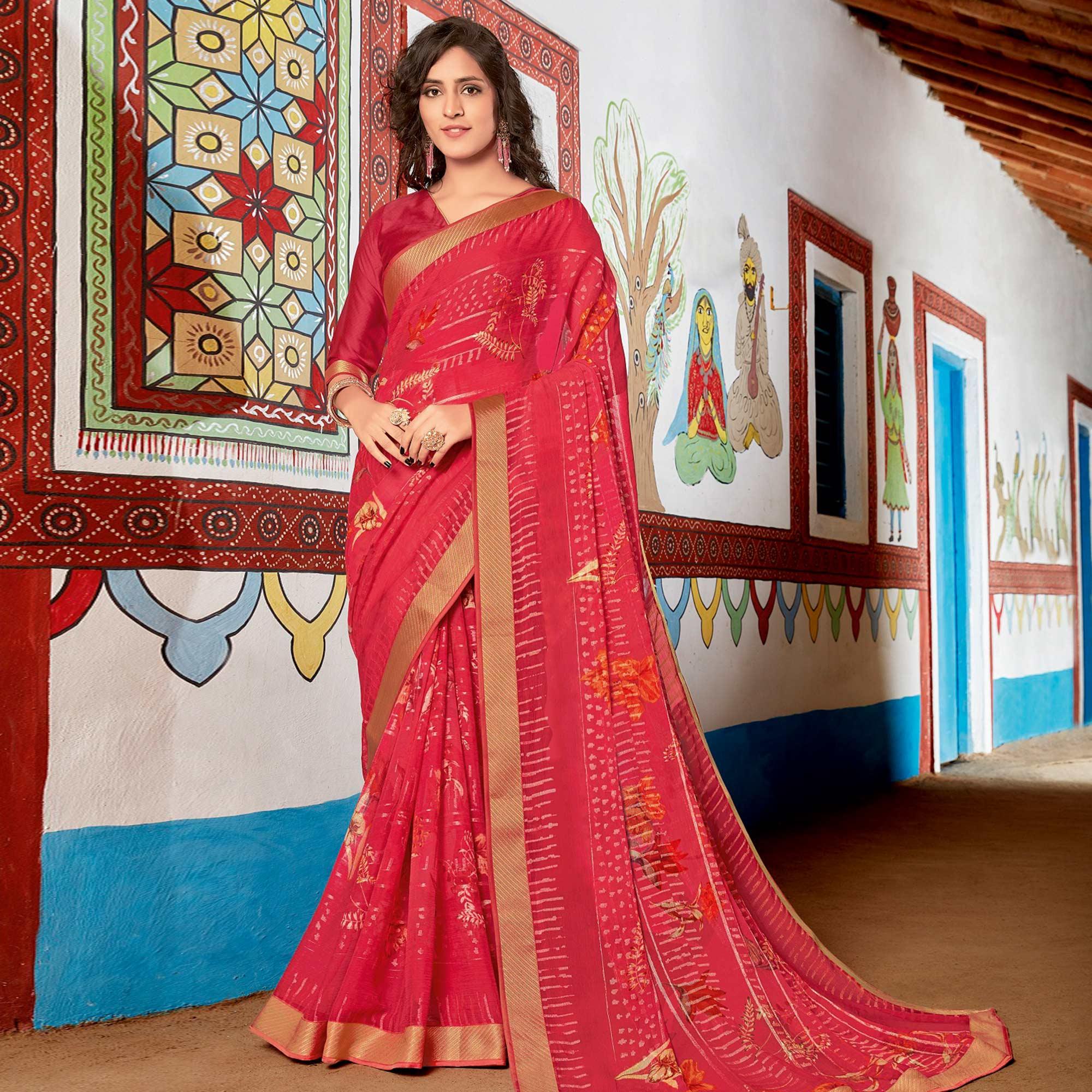 Intricate Gazari Coloured Partywear Printed Brasso Saree - Peachmode
