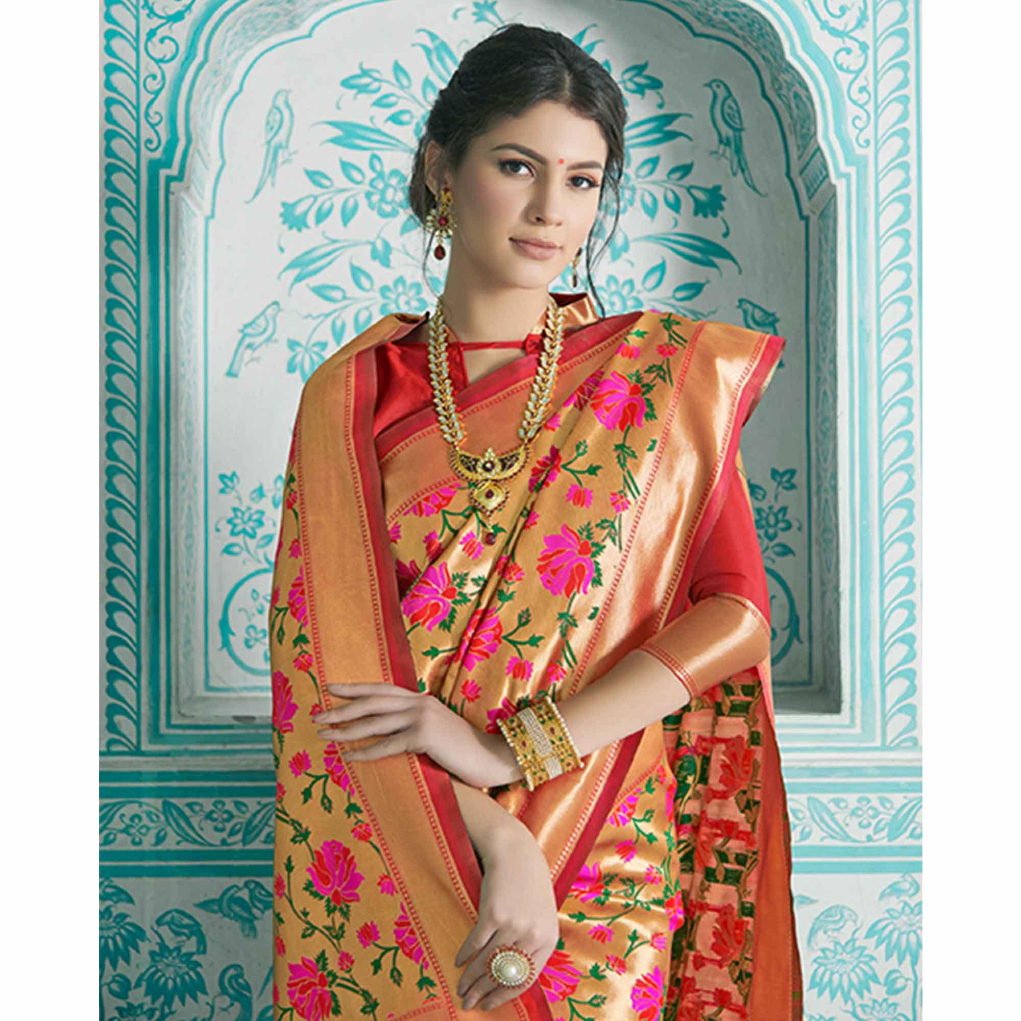 Intricate Golden-Red Colored Festive Wear Woven Paithani Banarasi Silk Saree - Peachmode