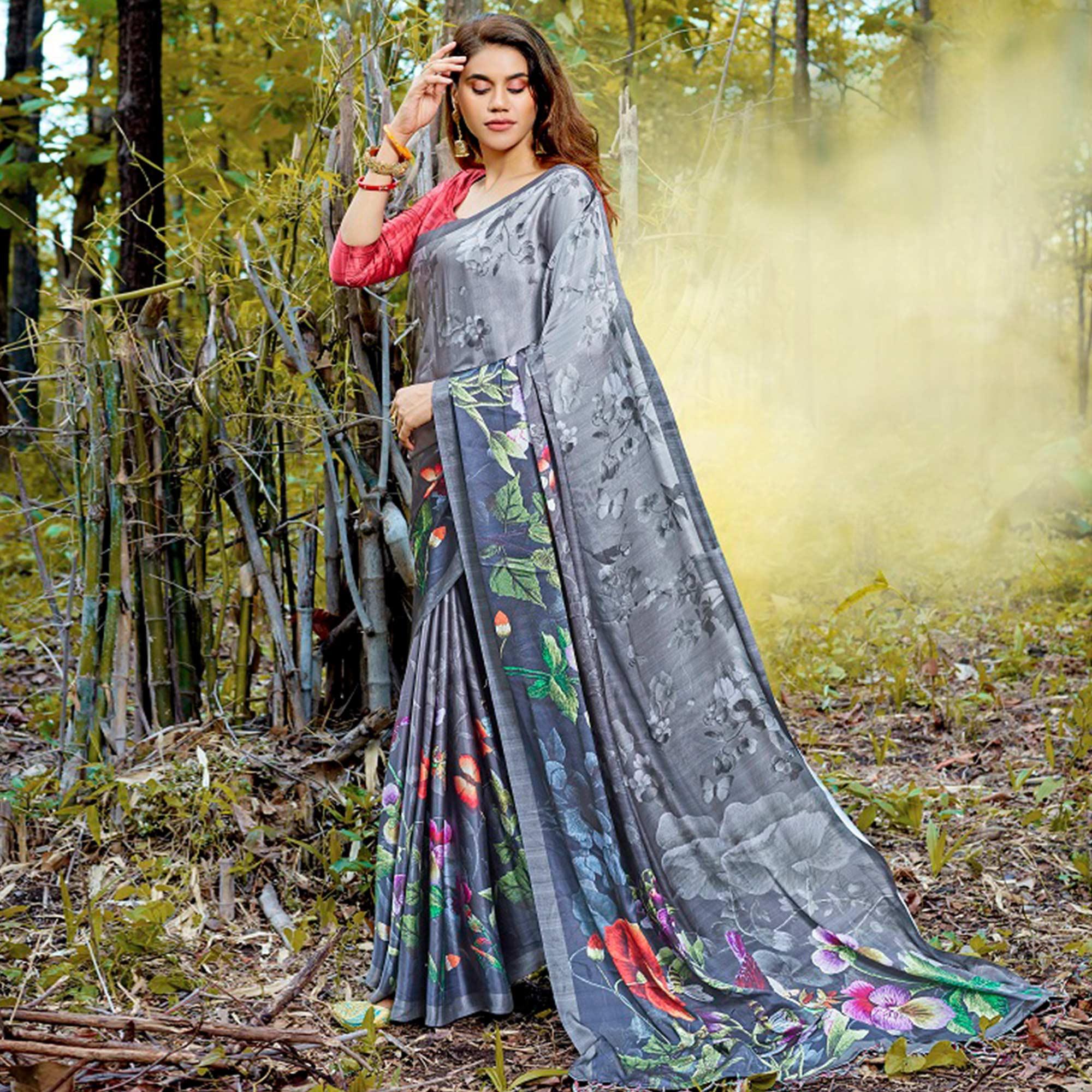 Intricate Gray Colored Casual Digital Printed Satin Crepe Saree - Peachmode