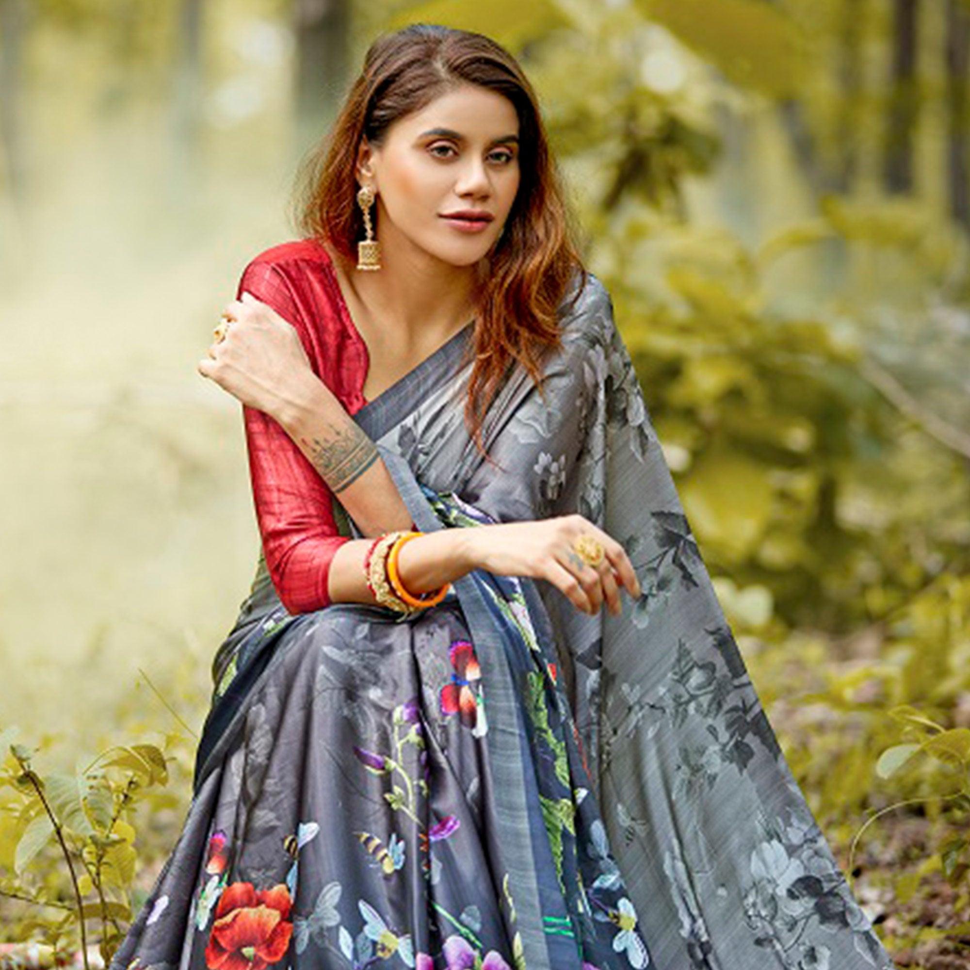 Intricate Gray Colored Casual Digital Printed Satin Crepe Saree - Peachmode
