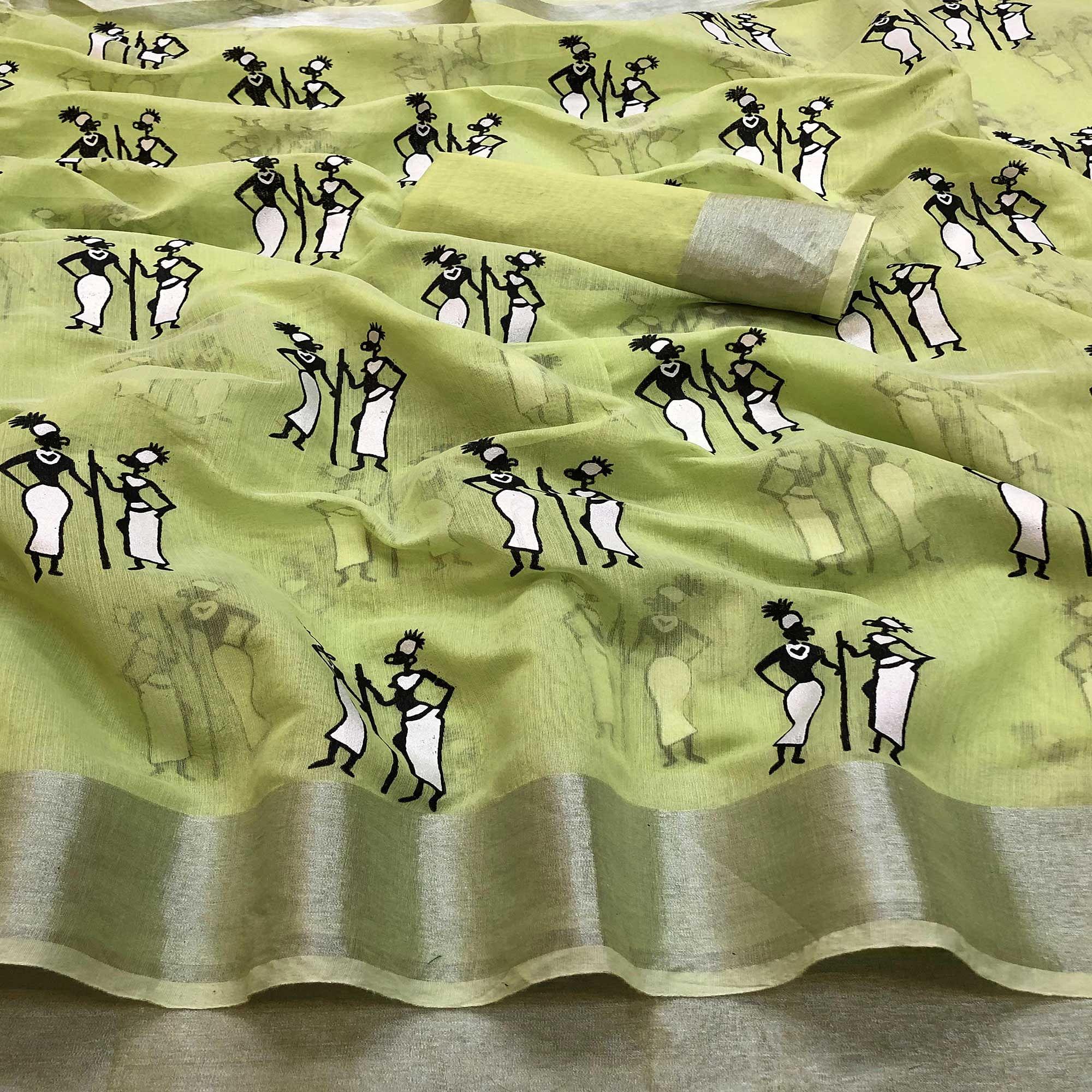 Intricate Green Colored Casual Wear Printed Chanderi Silk Saree - Peachmode