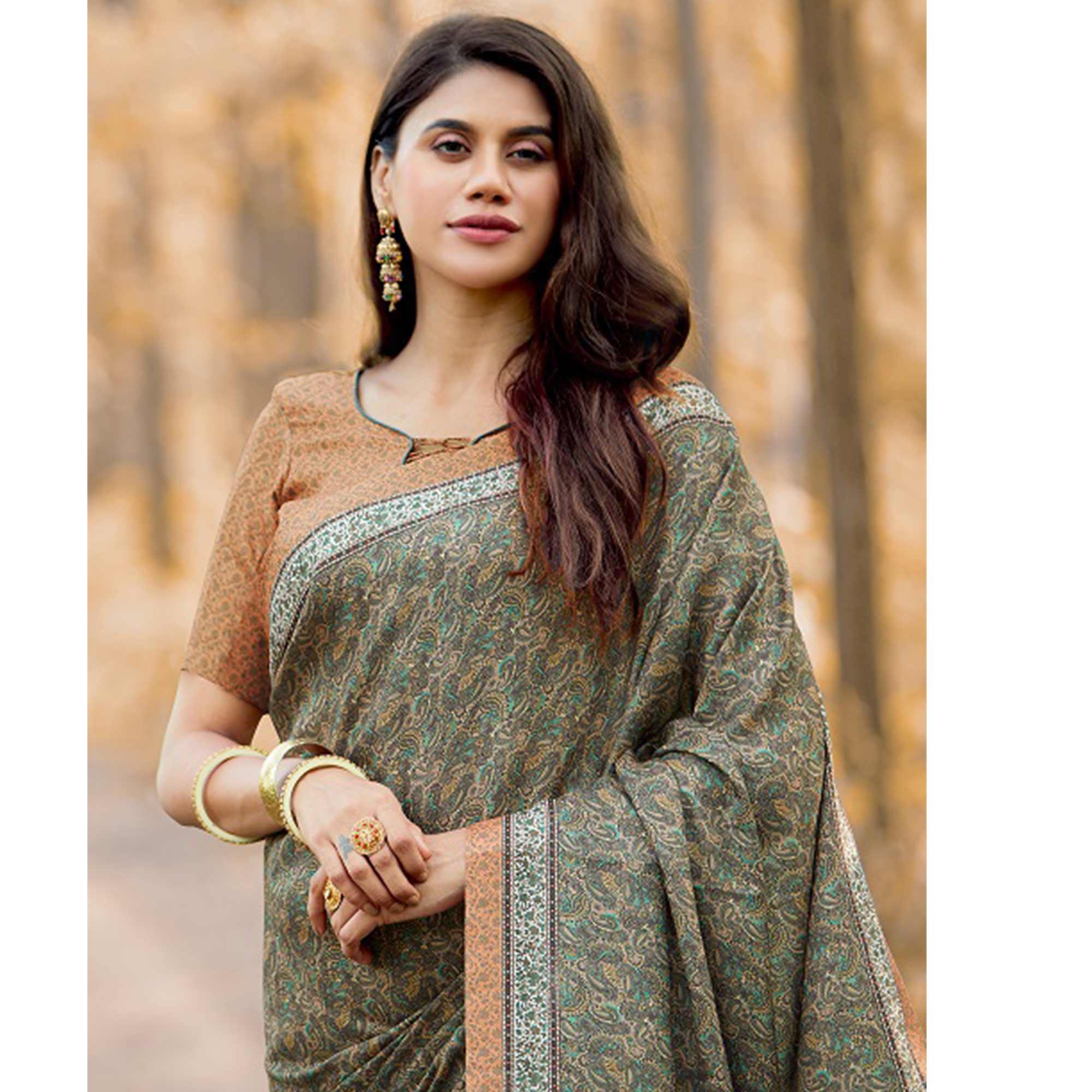 Intricate Green Colored Festive Wear Printed Art Silk Saree - Peachmode