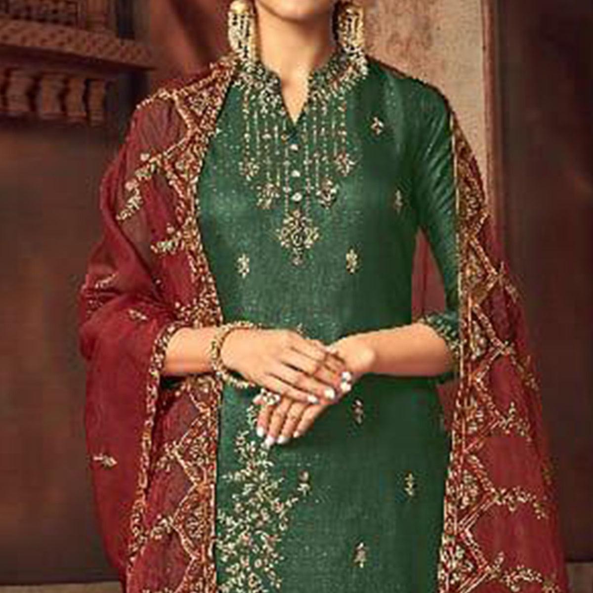 Intricate Green Colored Party Wear Embroidered Silk Palazzo Suit - Peachmode