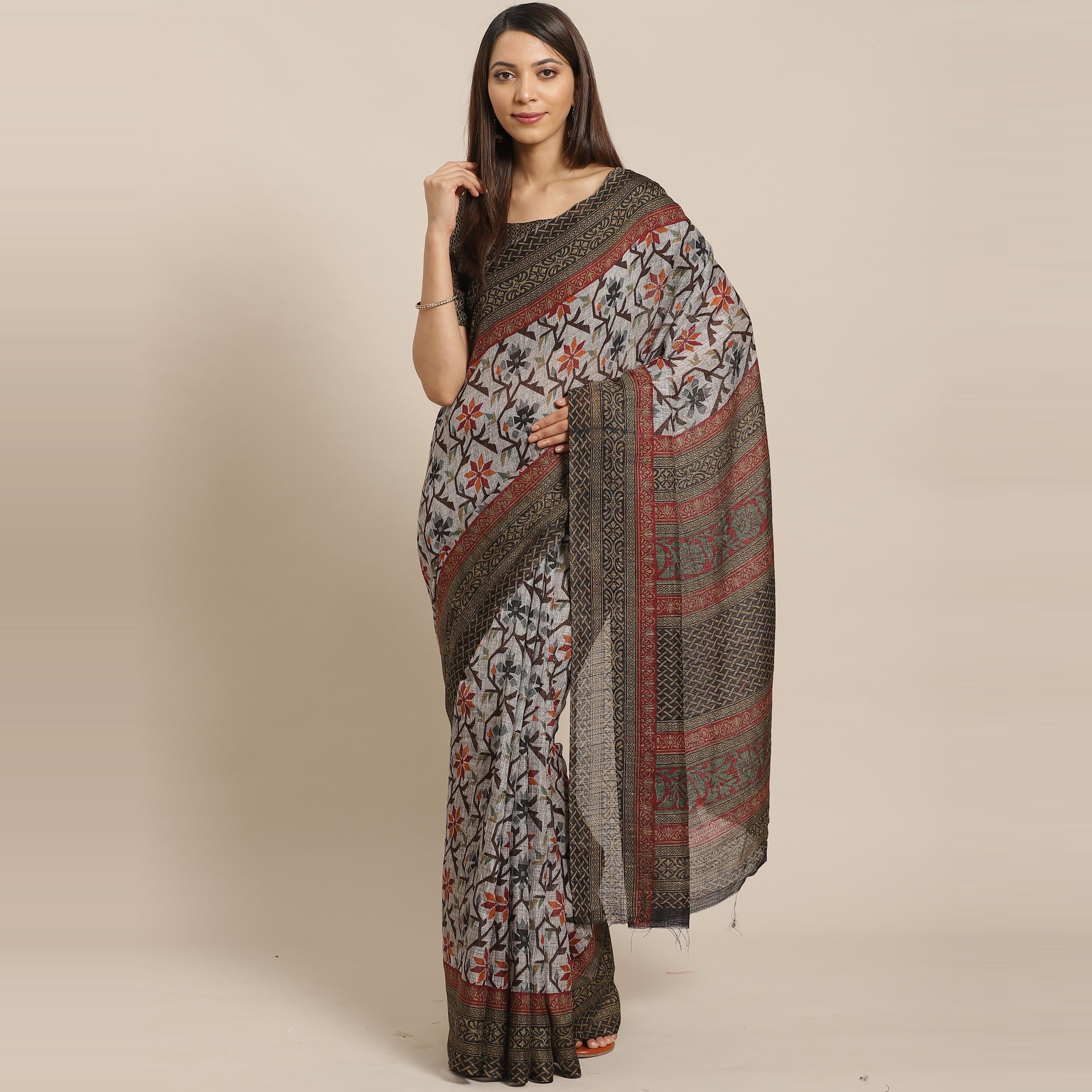 Intricate Grey - Black Colored Casual Wear Printed Silk blend Saree - Peachmode