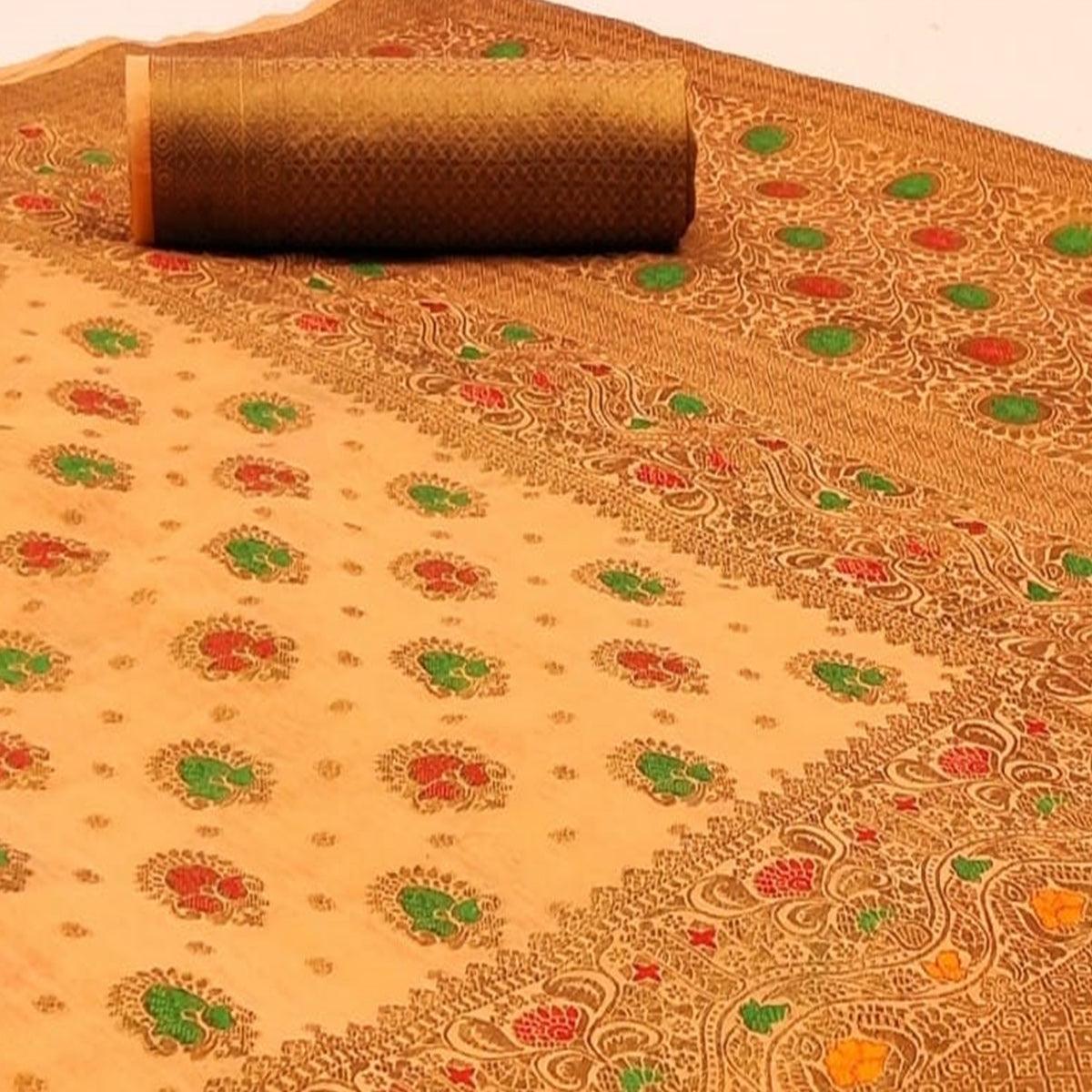 Intricate Light Orange Colored Festive Wear Woven Cotton Saree - Peachmode