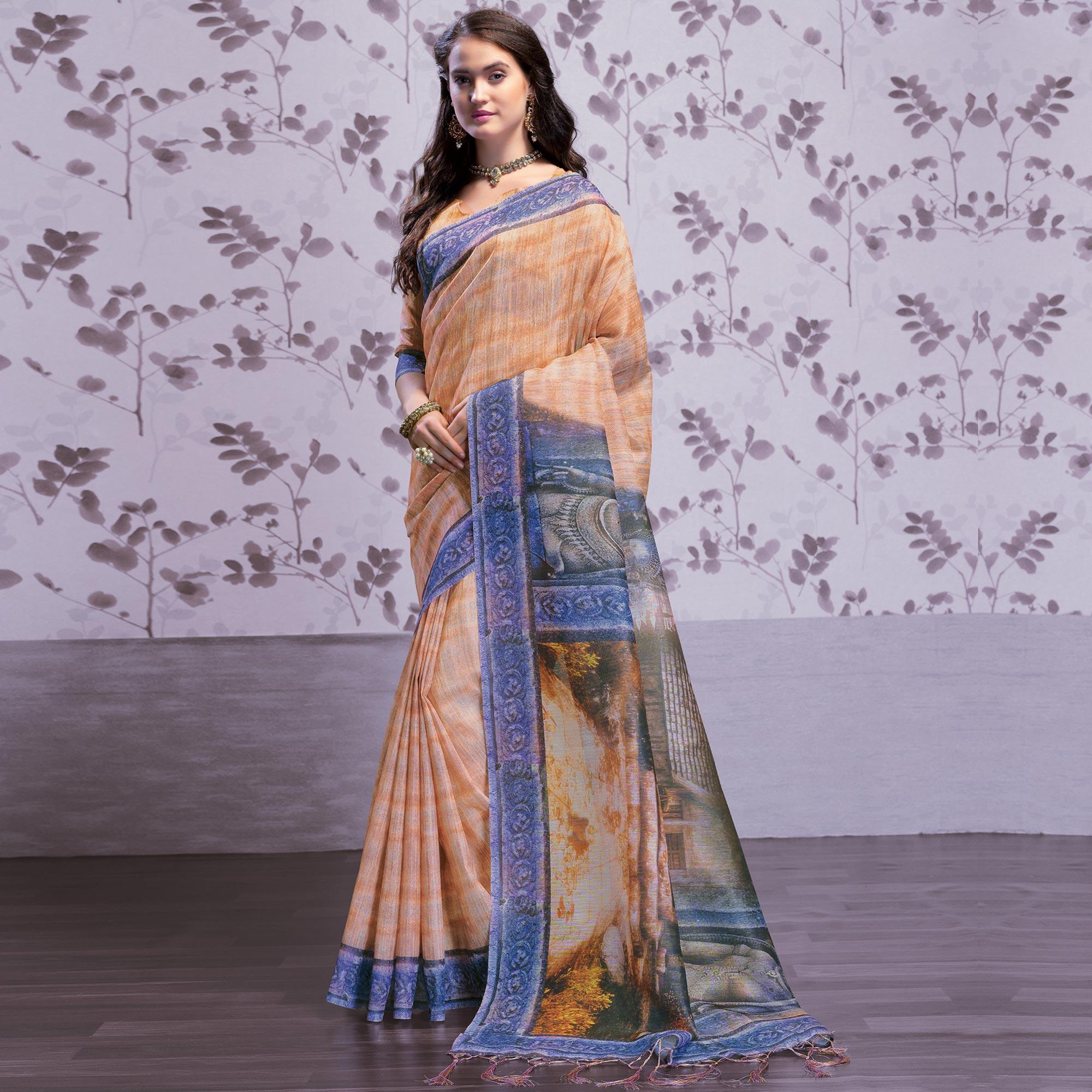 Intricate Light Orange Colored Party Wear Printed Art Silk Saree - Peachmode