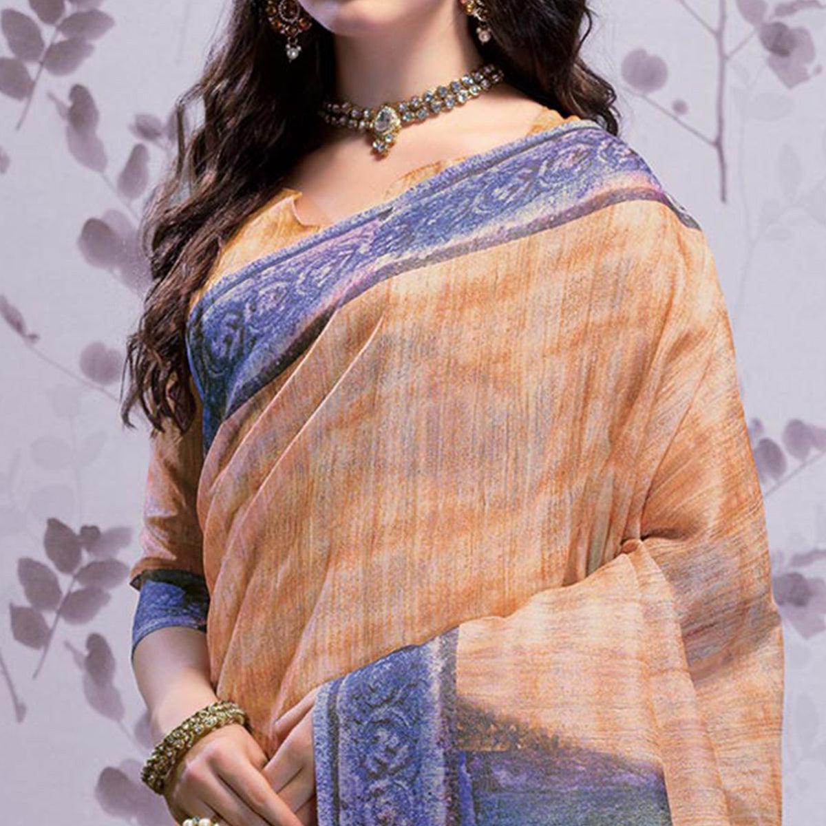 Intricate Light Orange Colored Party Wear Printed Art Silk Saree - Peachmode