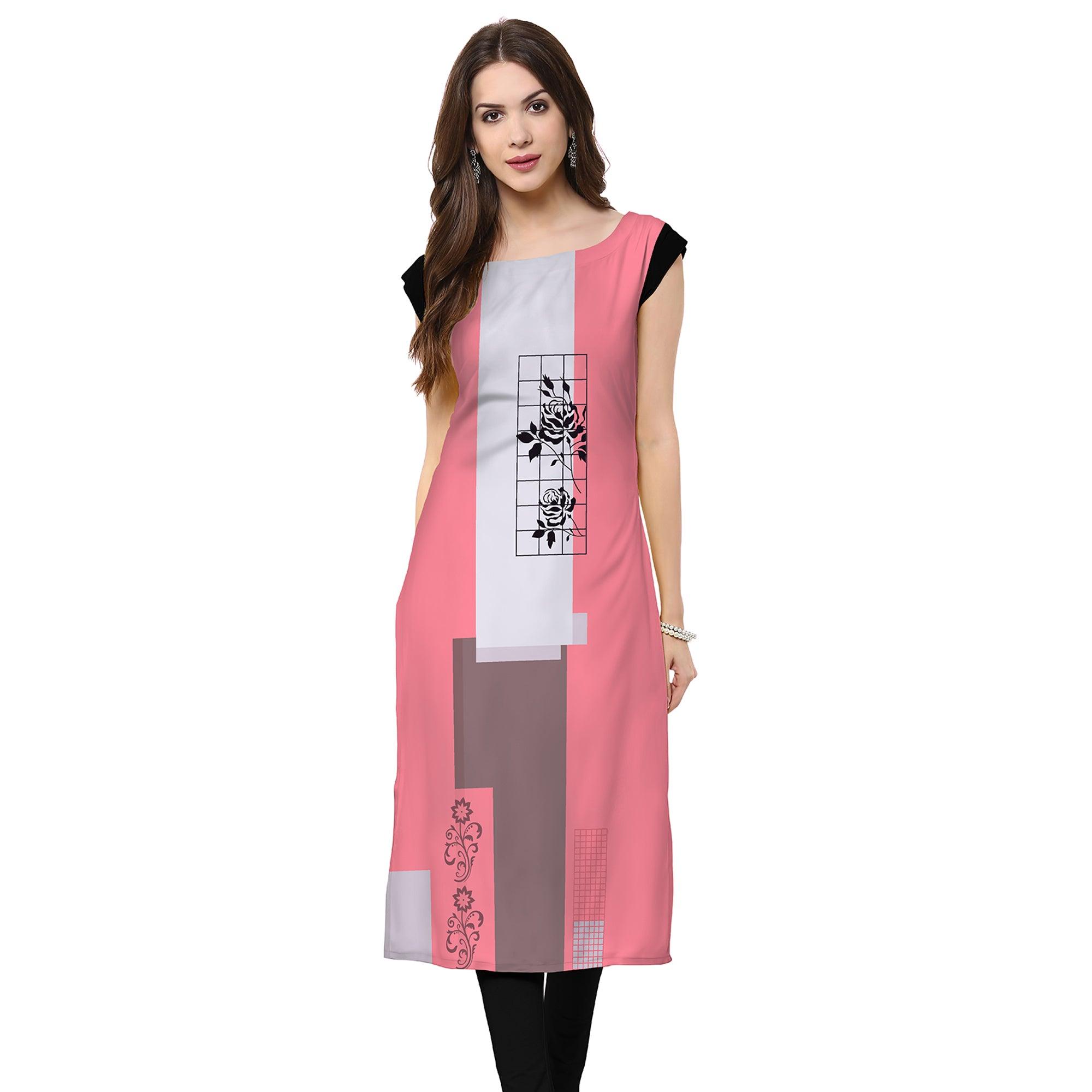 Intricate Light Pink Colored Casual Printed Rayon Kurti - Peachmode