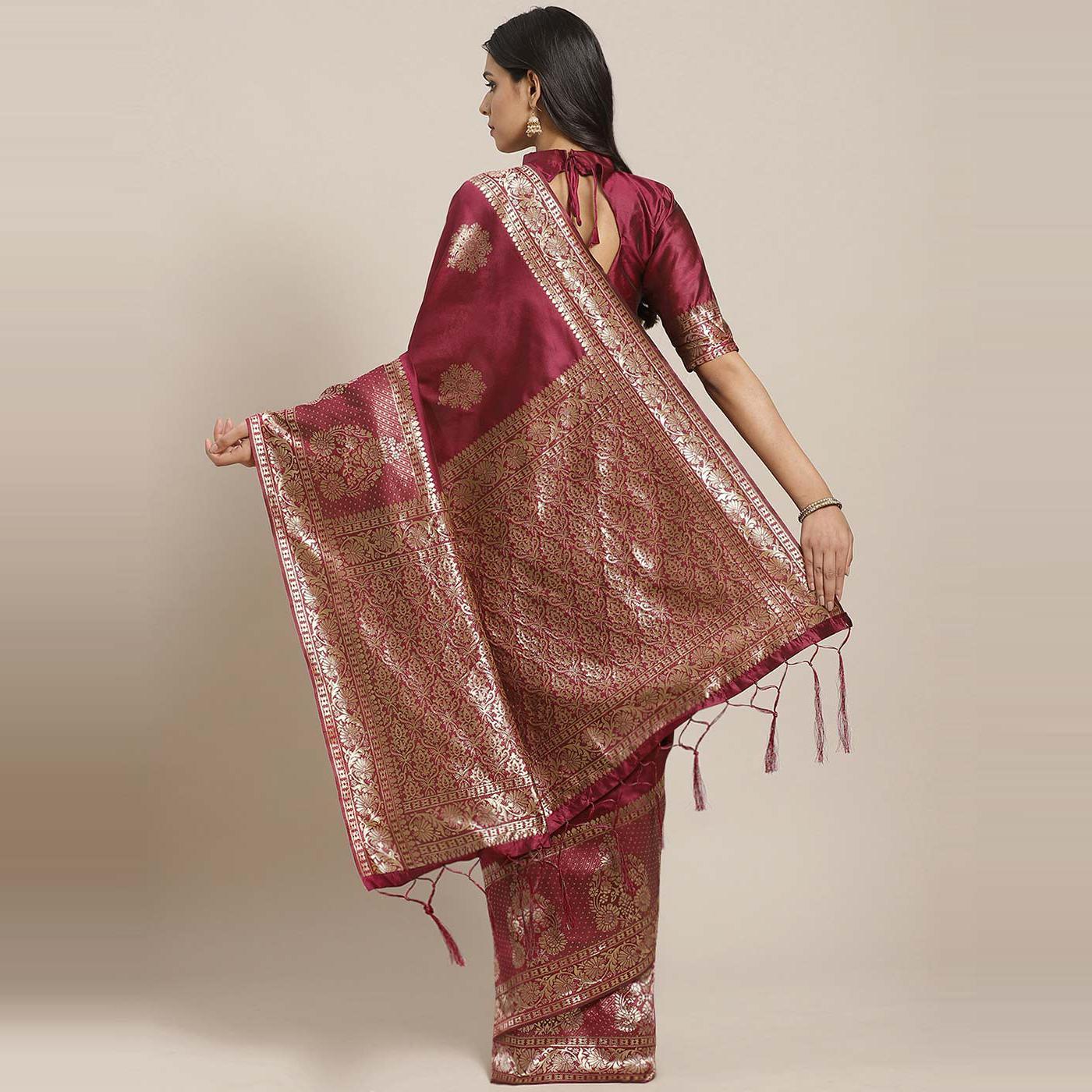 Intricate Magenta Colored Festive Wear Woven Silk Blend Saree - Peachmode