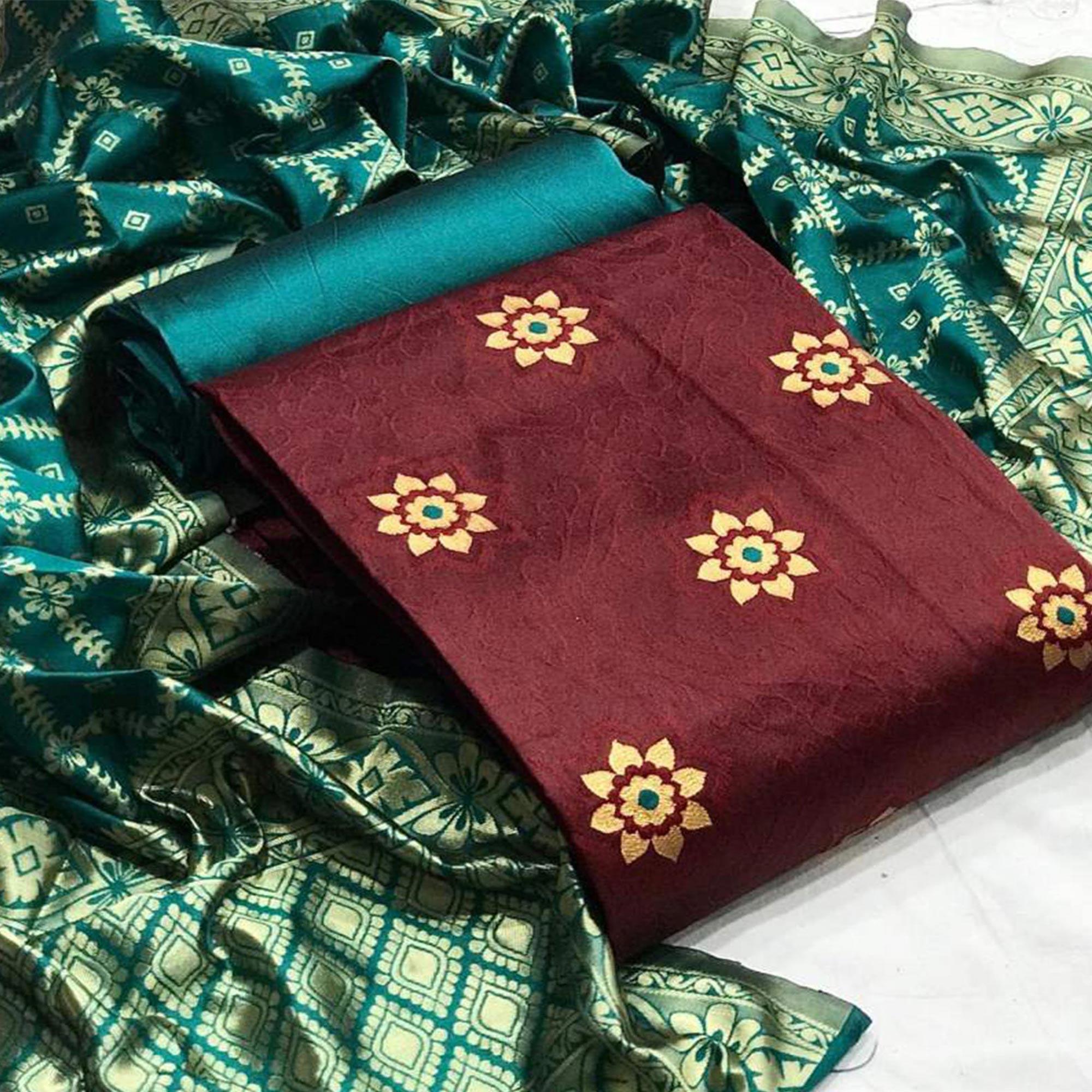 Intricate Maroon Colored Casual Wear Banarasi Silk Dress Material - Peachmode