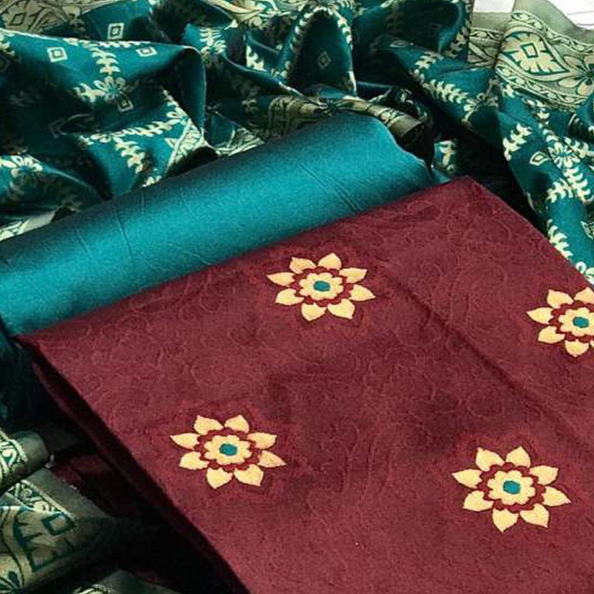 Intricate Maroon Colored Casual Wear Banarasi Silk Dress Material - Peachmode