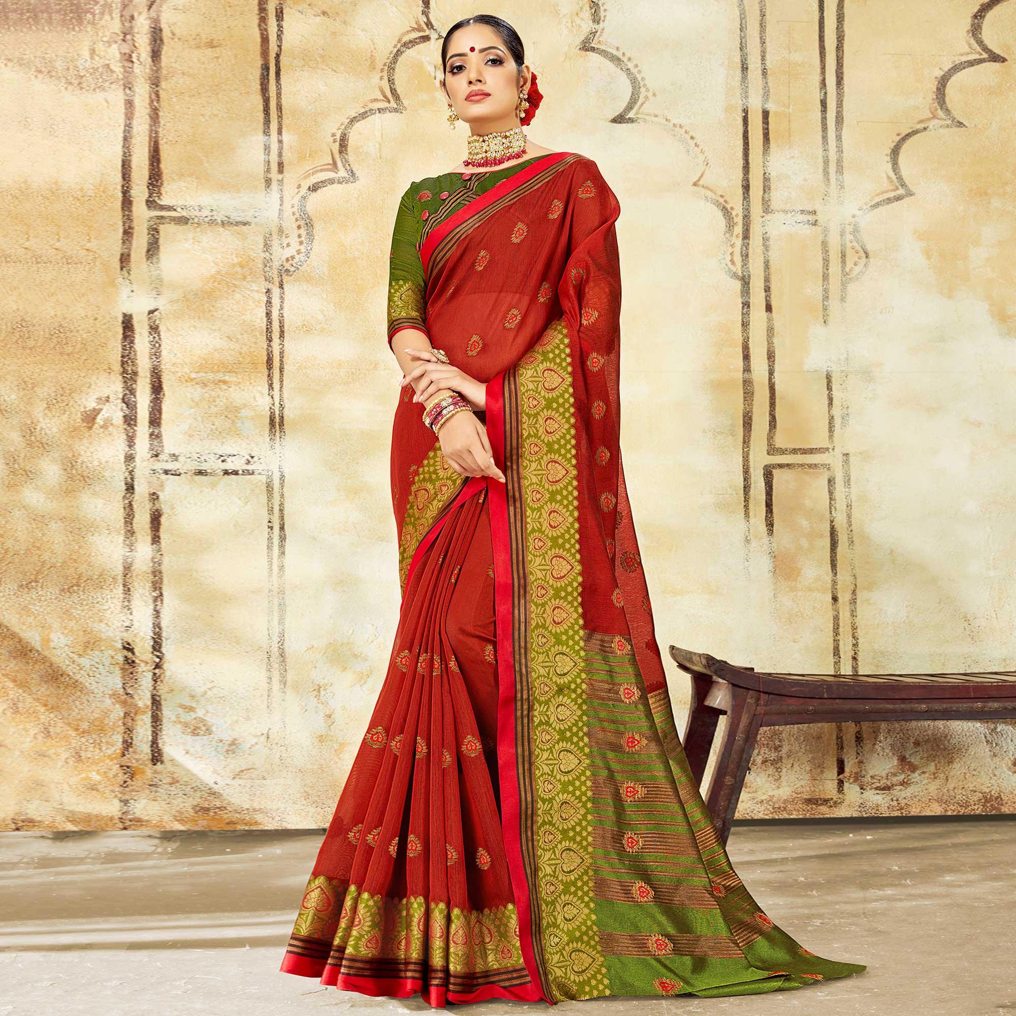 Intricate Maroon Colored Festive Wear Woven Cotton Saree - Peachmode