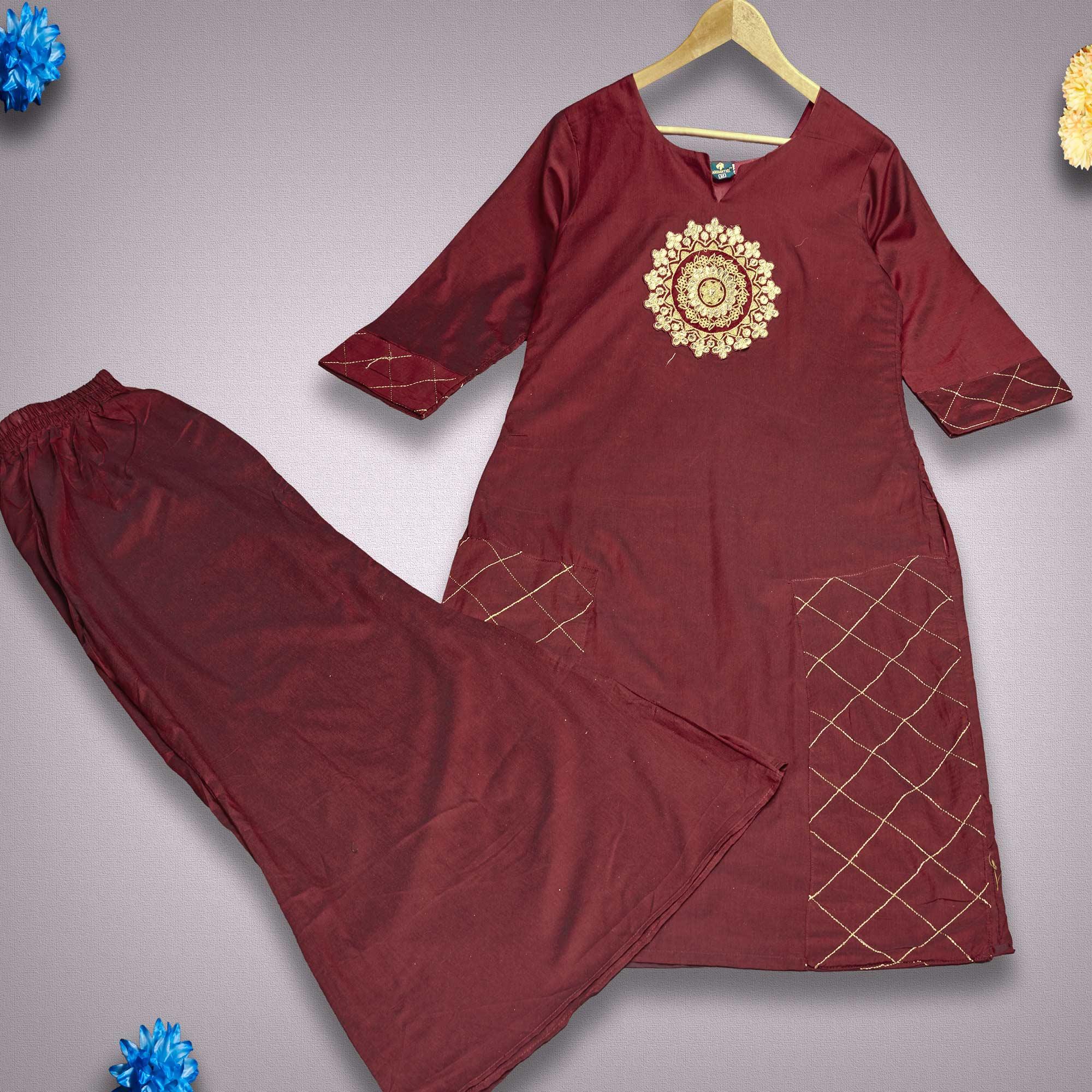 Intricate Maroon Colored Partywear Embroidered Pure Viscose Silk Kurti-Palazzo Set - Peachmode