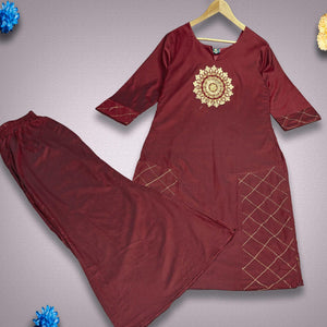 Intricate Maroon Colored Partywear Embroidered Pure Viscose Silk Kurti-Palazzo Set - Peachmode