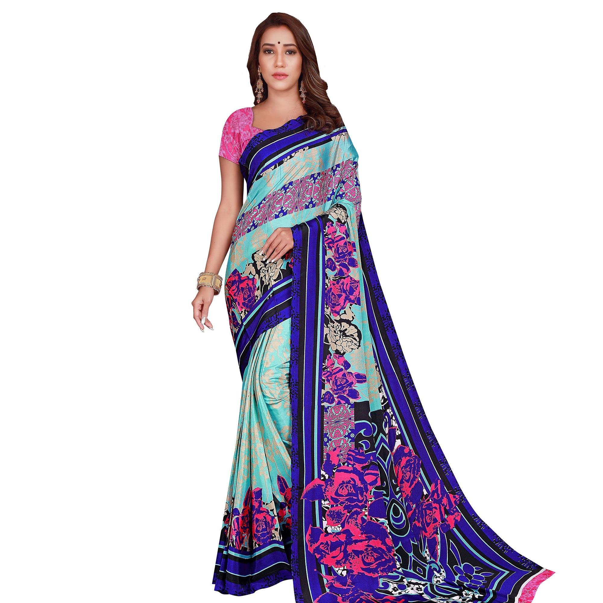 Intricate Mint Green-Blue Colored Casual Wear Printed Crepe Saree - Peachmode