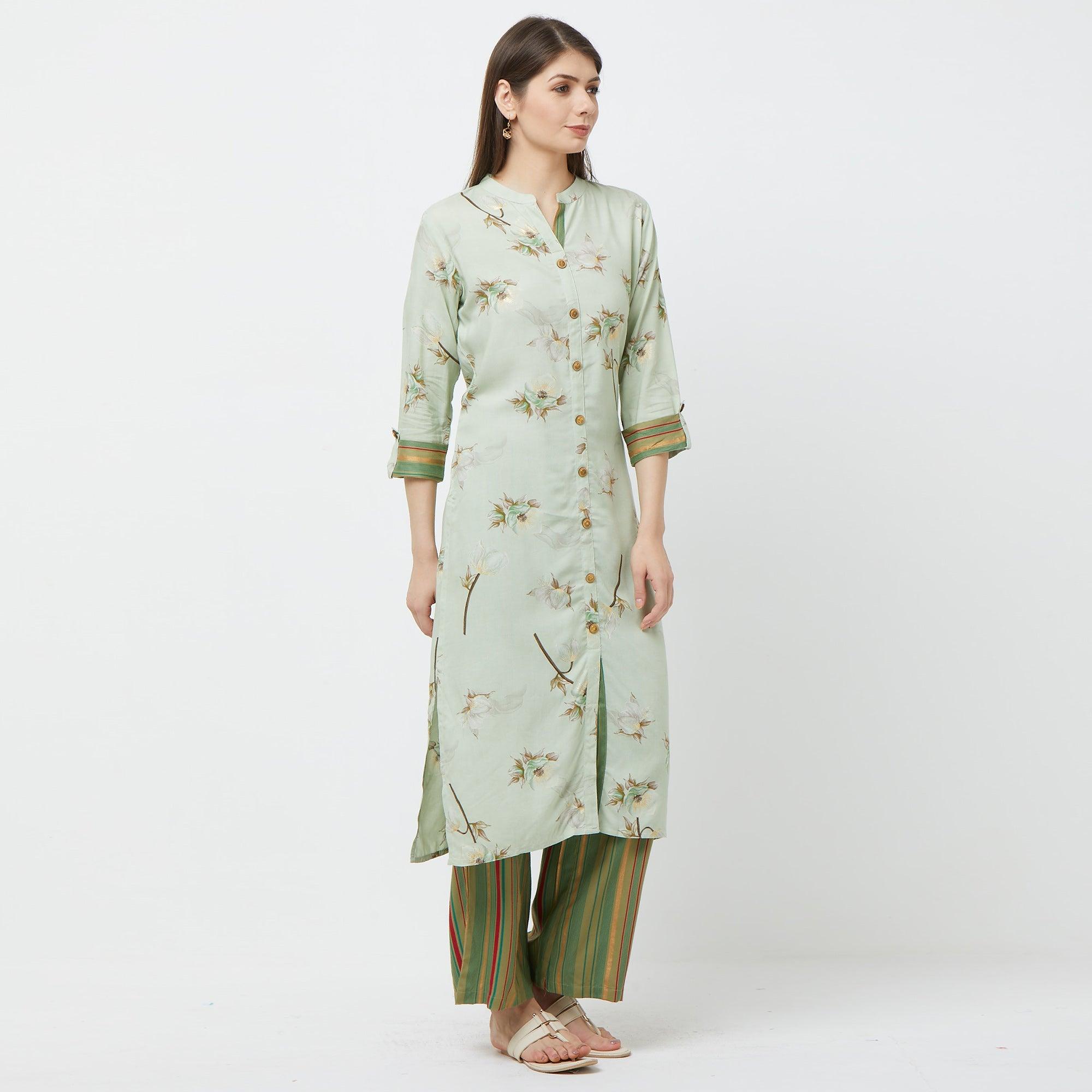 Intricate Mint Green Colored Casual Floral Printed Cotton Kurti-Palazzo Set - Peachmode