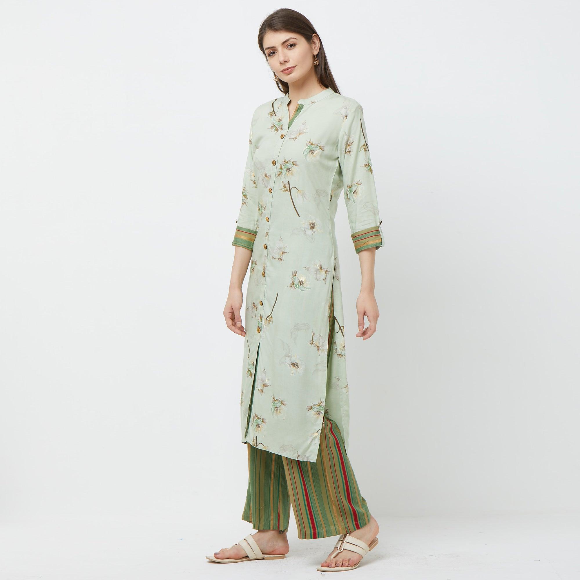 Intricate Mint Green Colored Casual Floral Printed Cotton Kurti-Palazzo Set - Peachmode