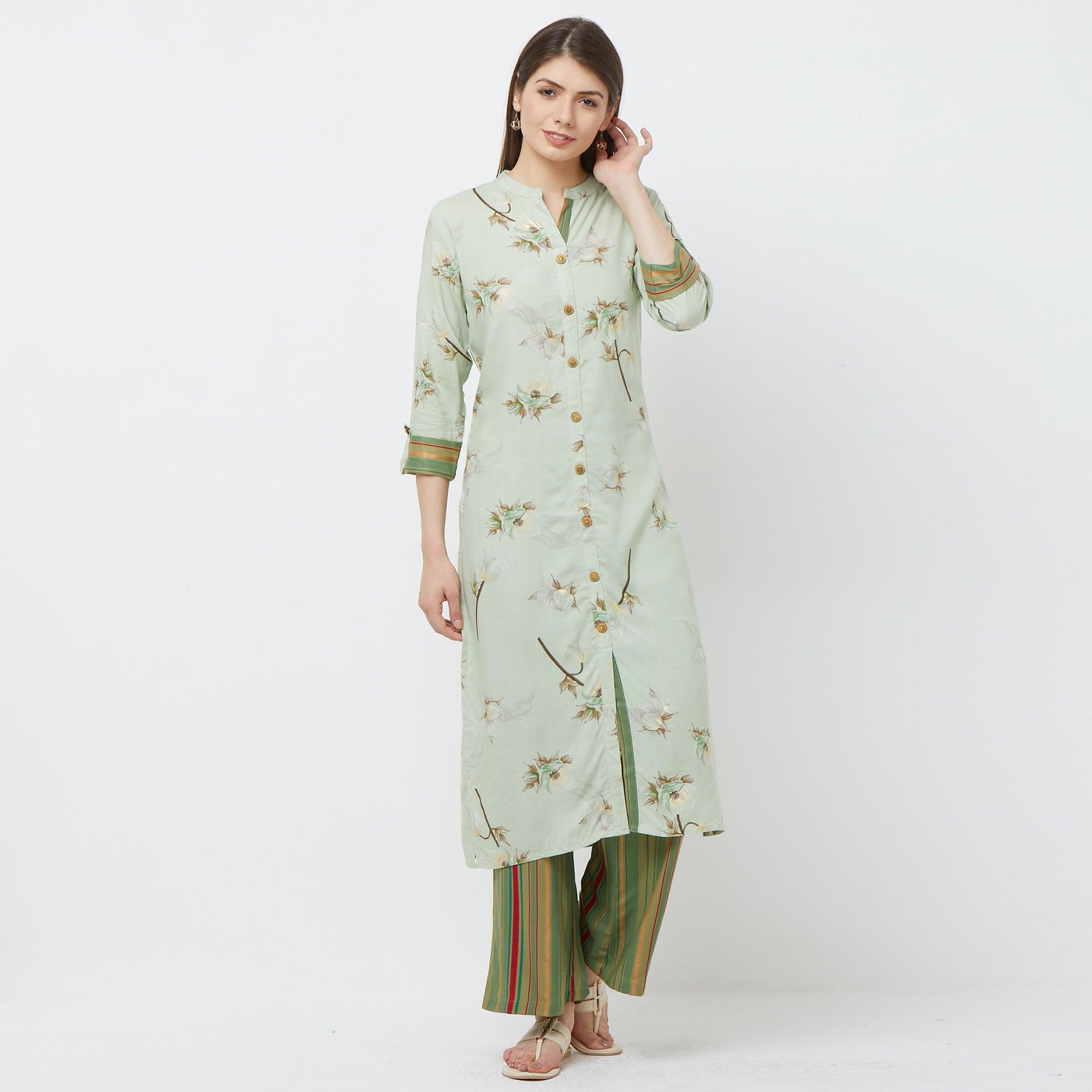 Intricate Mint Green Colored Casual Floral Printed Cotton Kurti-Palazzo Set - Peachmode