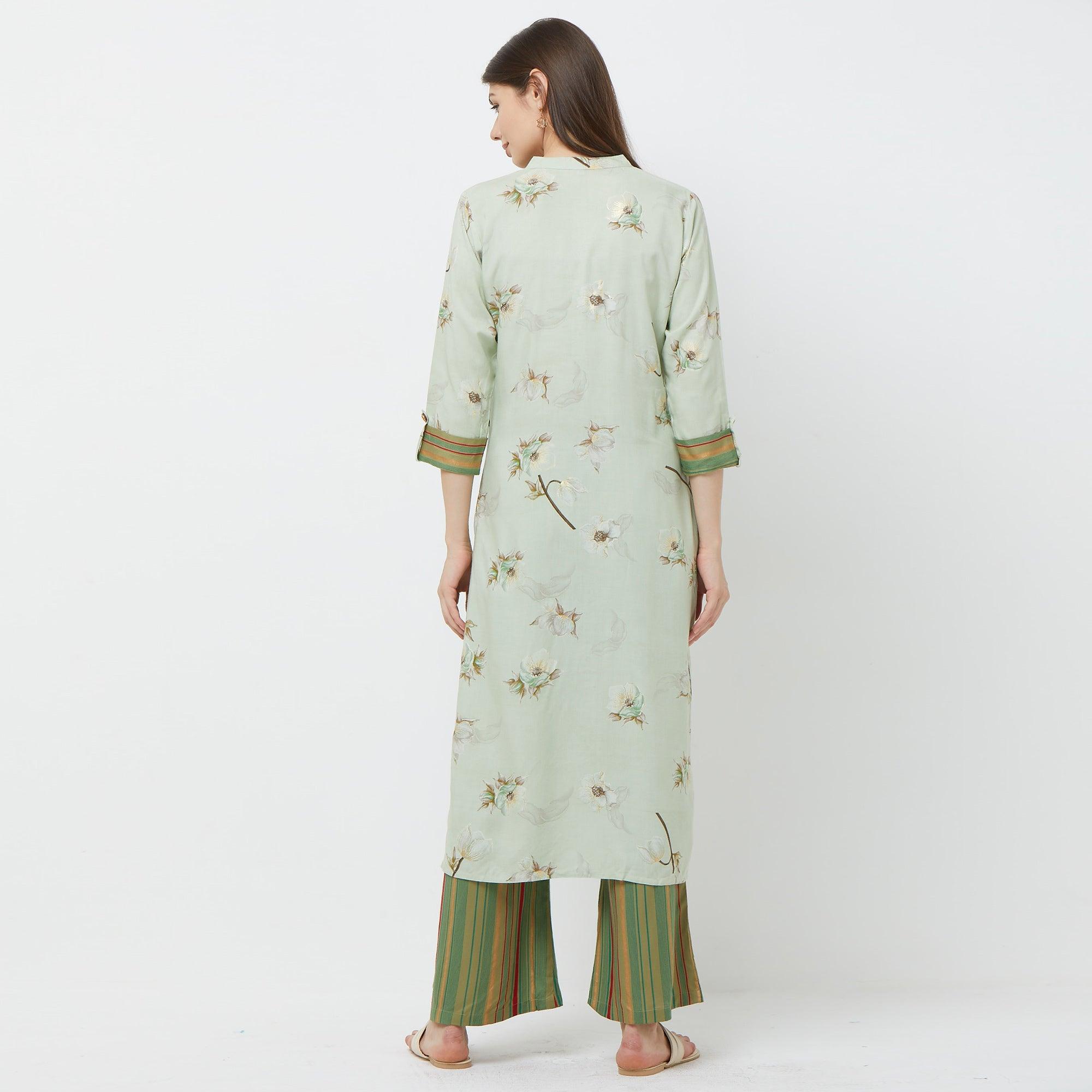 Intricate Mint Green Colored Casual Floral Printed Cotton Kurti-Palazzo Set - Peachmode