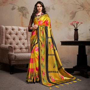 Intricate Multi Colored Festive Wear Printed Silk Blend Saree With Tassels - Peachmode