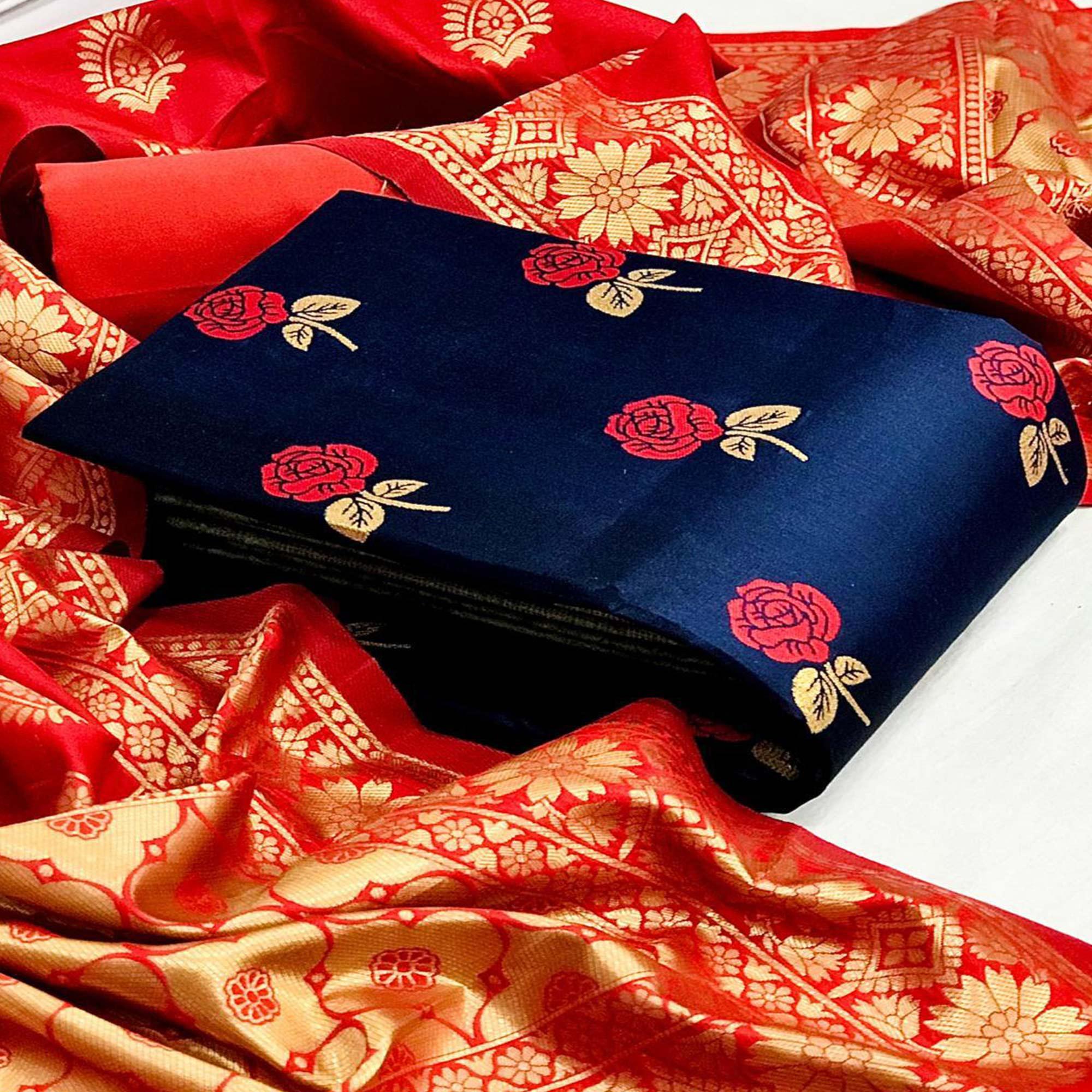 Intricate Navy Blue Colored Casual Woven Banarasi Silk Dress Material - Peachmode