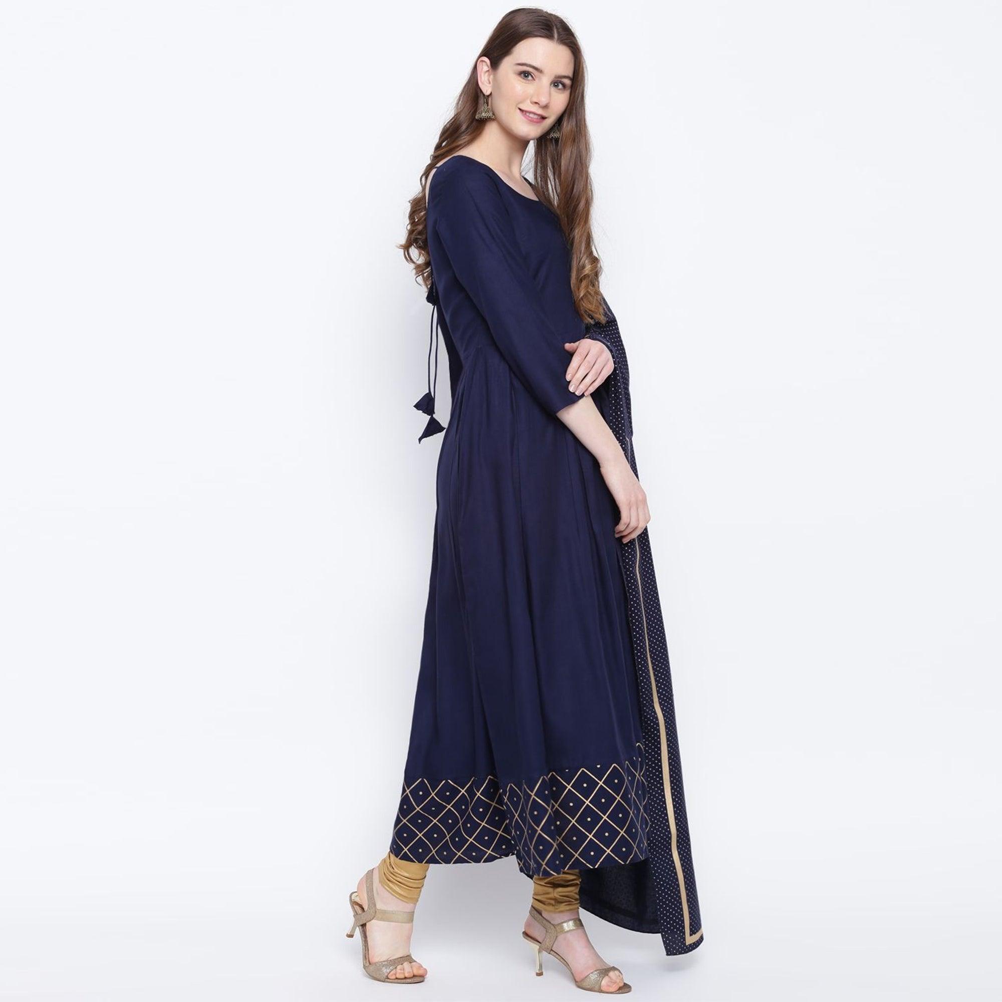 Intricate Navy Blue Colored Party Wear Printed Ankle Length Rayon Kurti With Dupatta - Peachmode