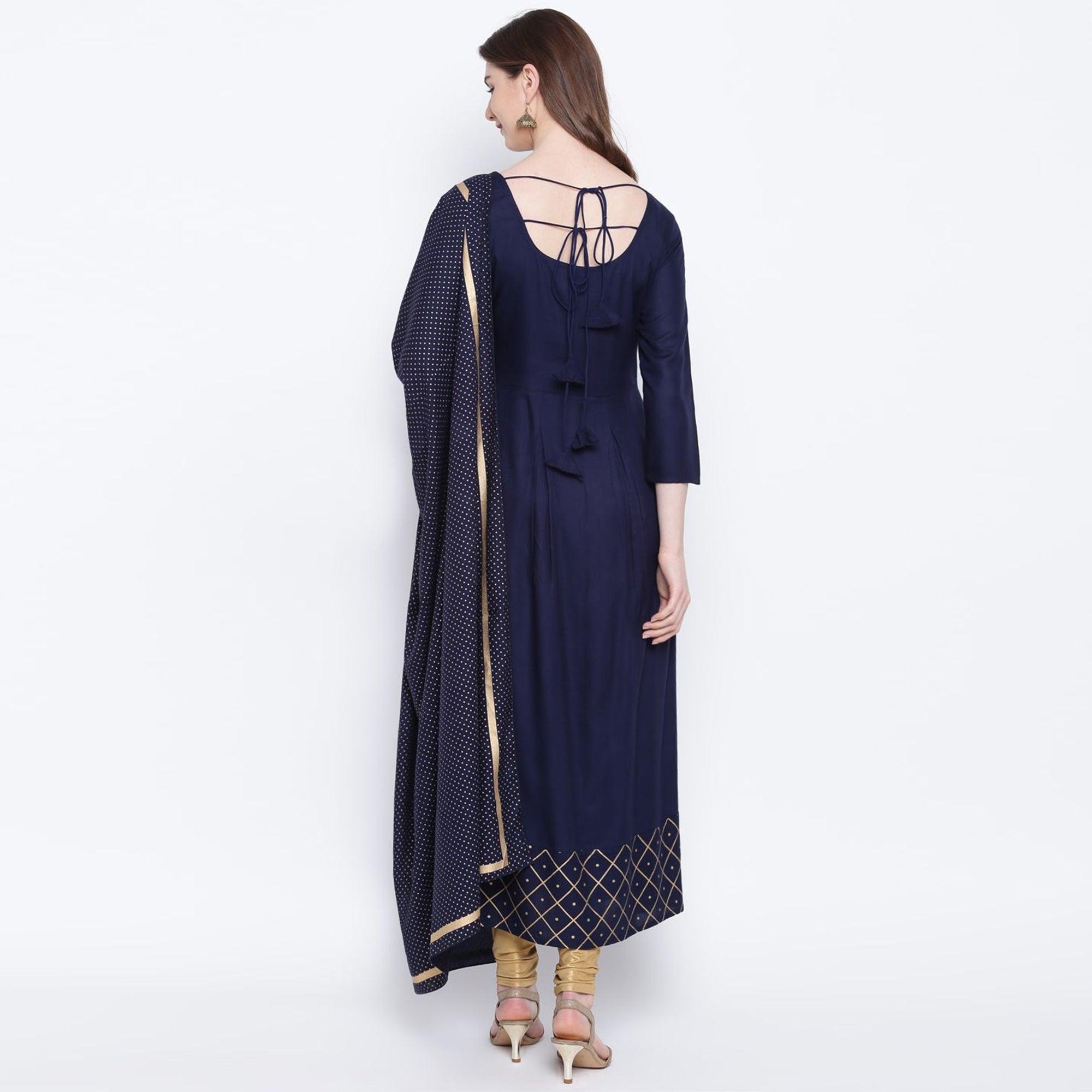 Intricate Navy Blue Colored Party Wear Printed Ankle Length Rayon Kurti With Dupatta - Peachmode