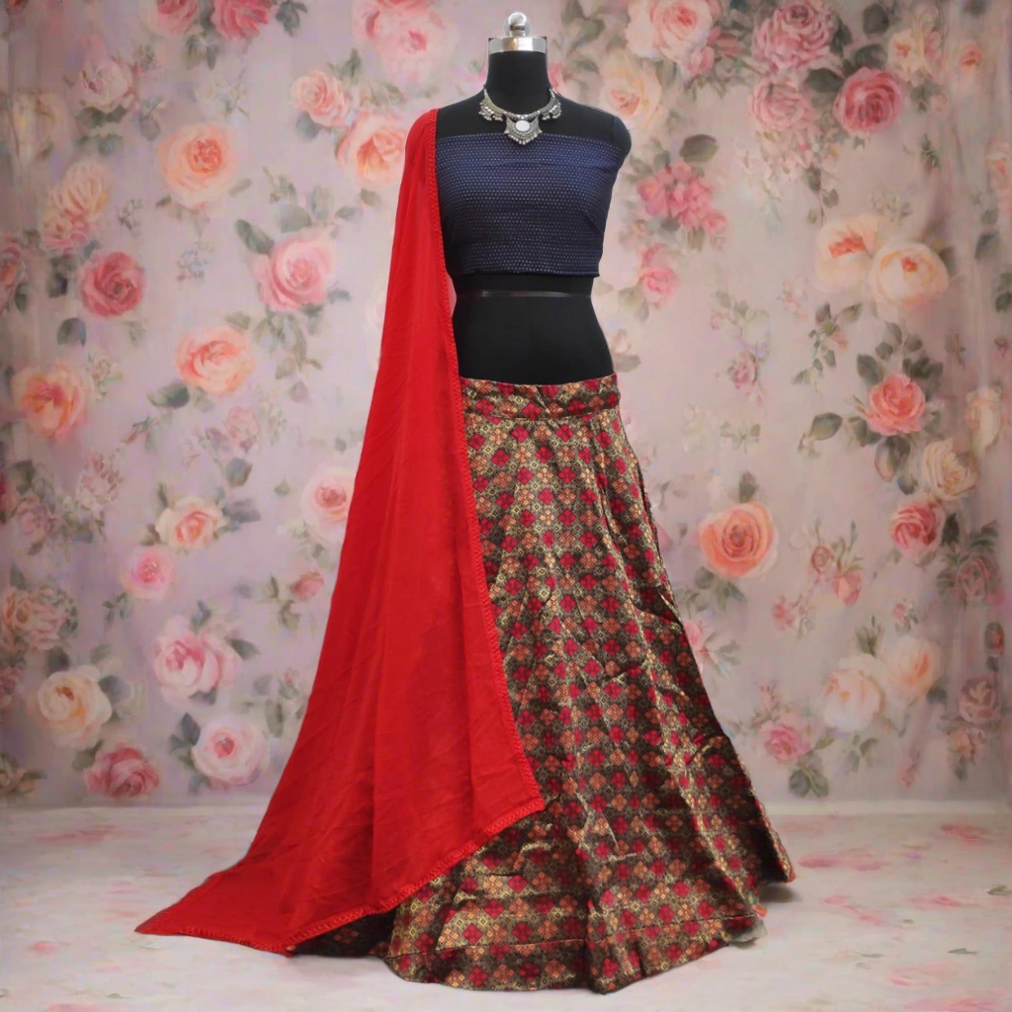 Intricate Navy Blue Colored Party Wear Printed Banarasi Silk Lehenga Choli - Peachmode