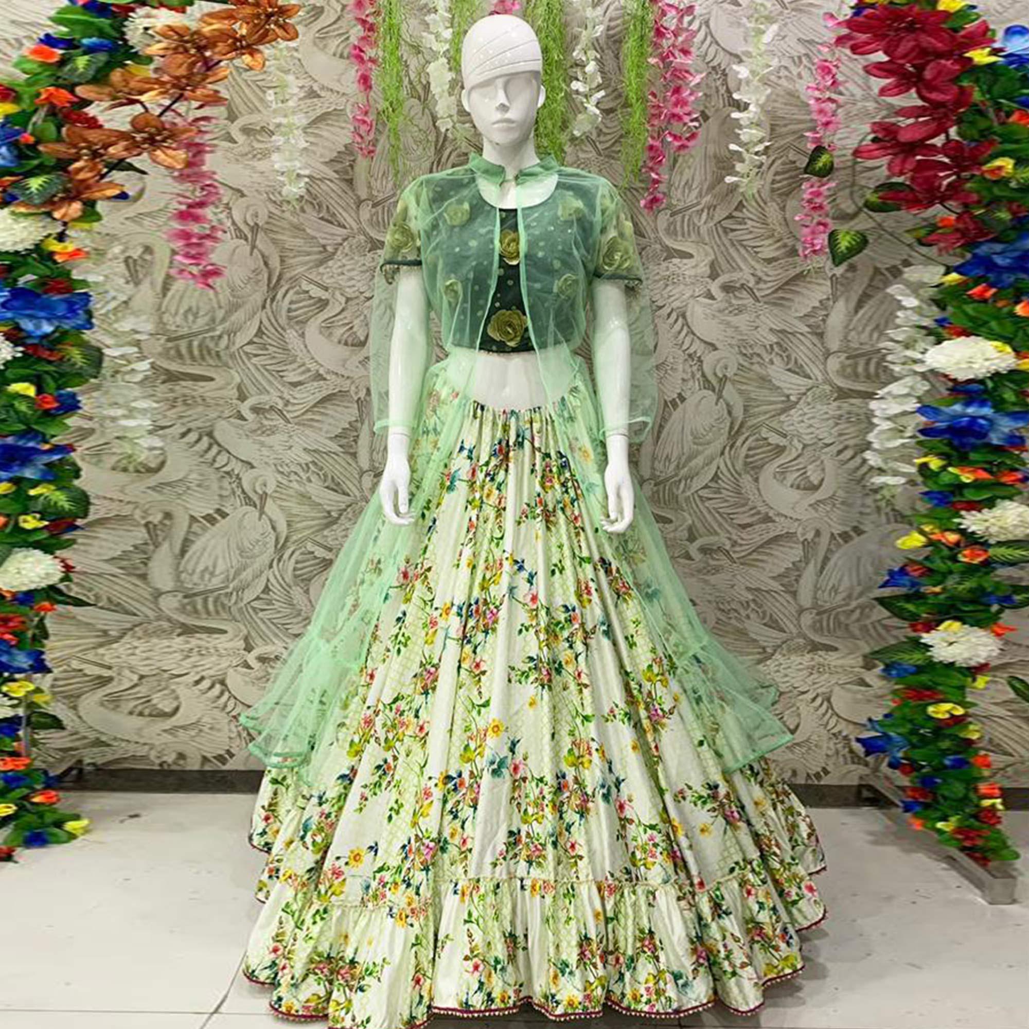 Intricate Off White Coloured Partywear Embroidered Dual Satin Lehenga Choli - Peachmode