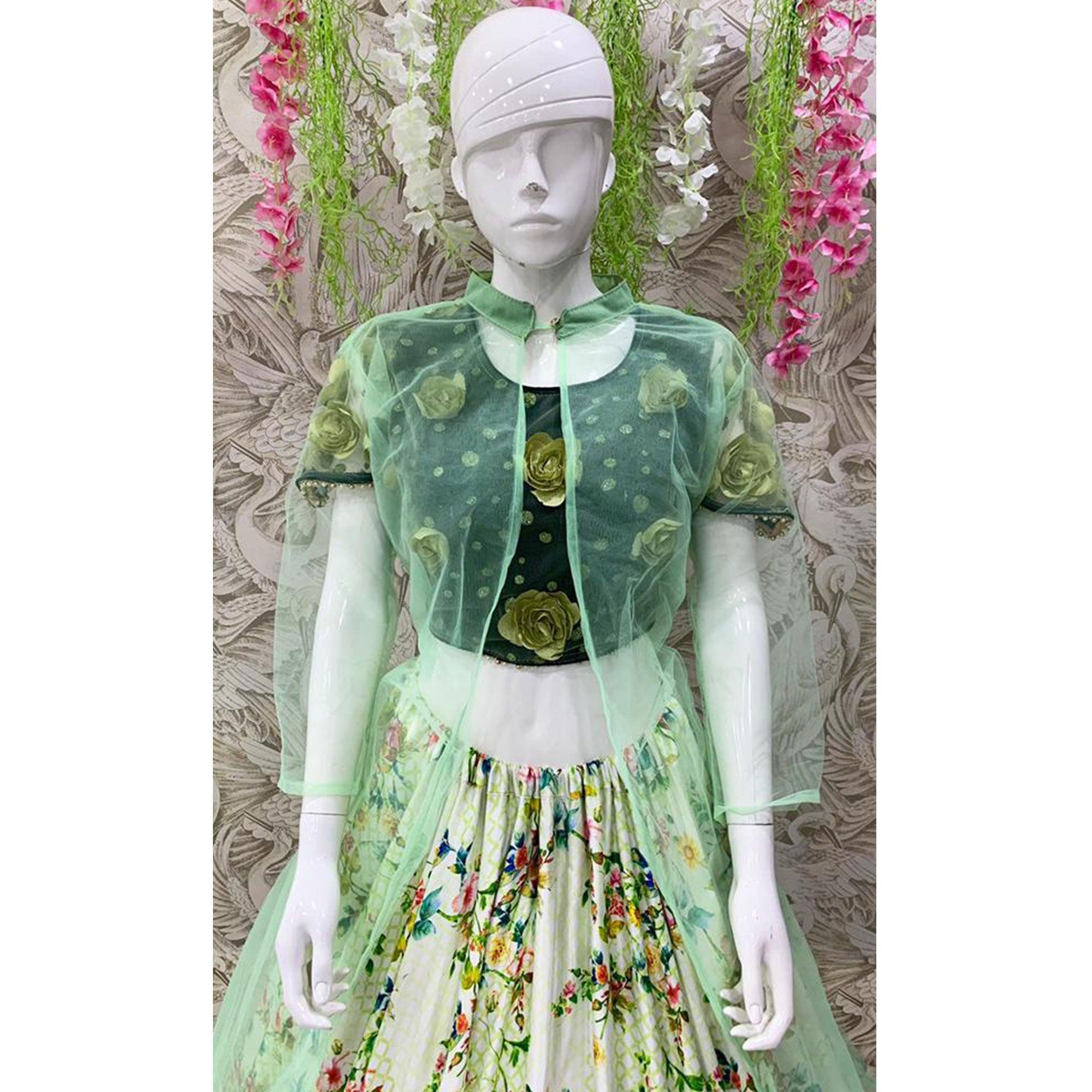 Intricate Off White Coloured Partywear Embroidered Dual Satin Lehenga Choli - Peachmode